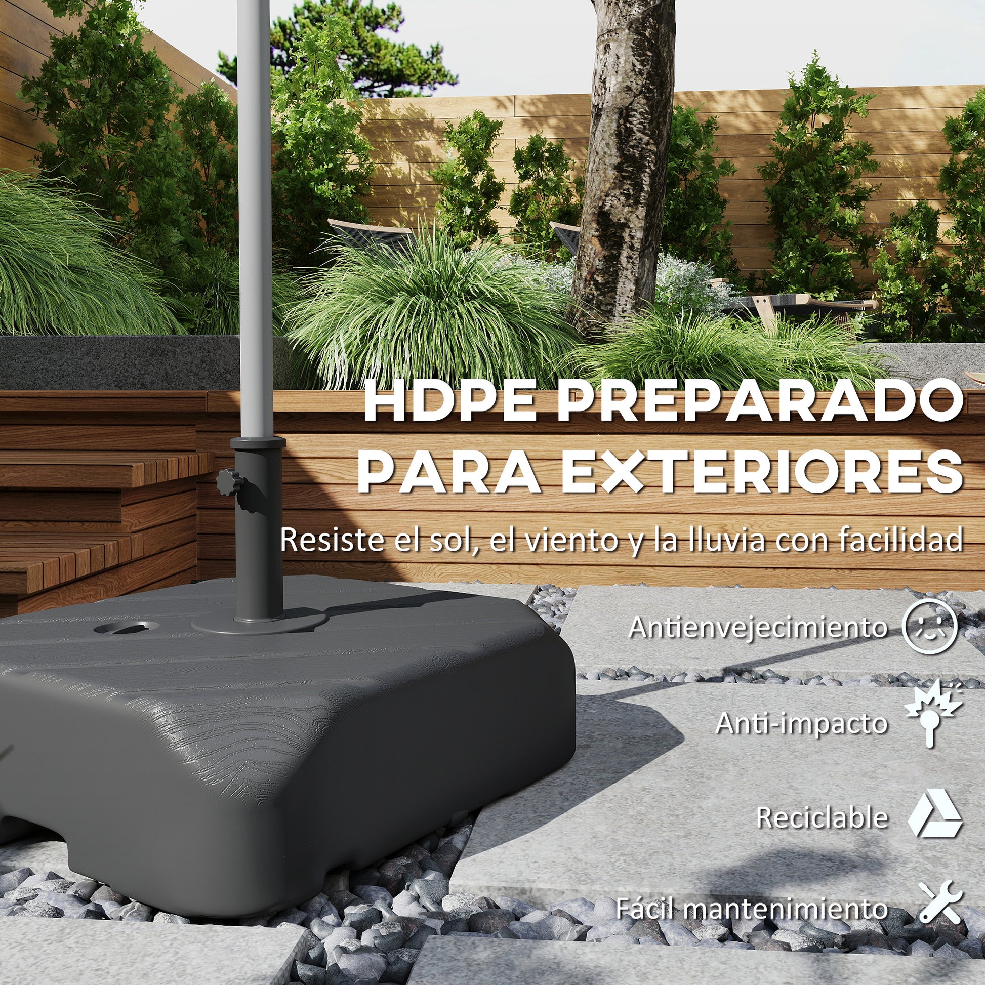 Outsunny Base para Sombrilla con Ruedas, Soporte de Parasol de HDPE, Pie para Sombrilla con Postes Ø38 mm, Ø48 mm, Rellenable de Arena 72 kg o Agua 45 Litros, con Asa Telescópica, para Jardín, Patio, Terraza, Negro