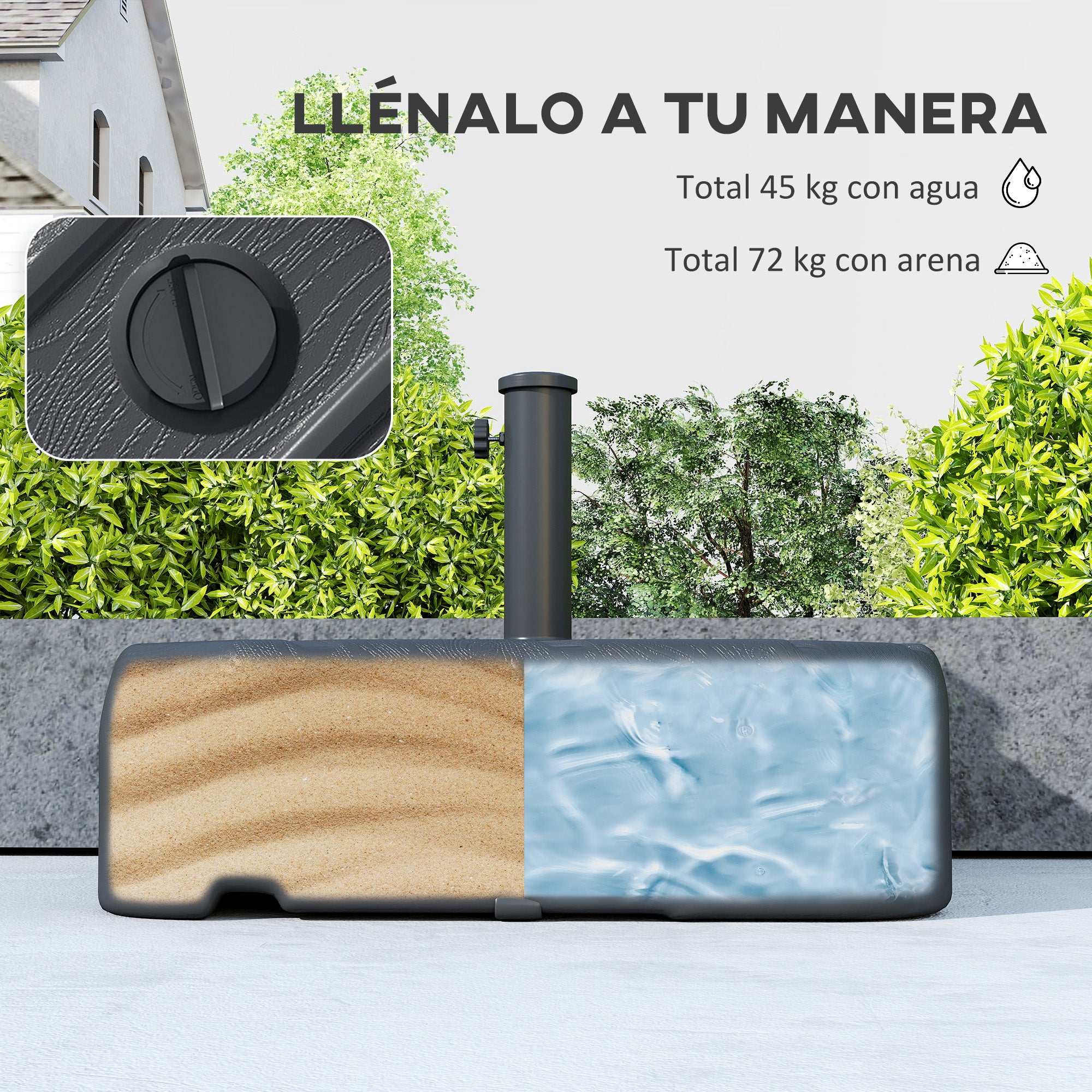 Outsunny Base para Sombrilla con Ruedas, Soporte de Parasol de HDPE, Pie para Sombrilla con Postes Ø38 mm, Ø48 mm, Rellenable de Arena 72 kg o Agua 45 Litros, con Asa Telescópica, para Jardín, Patio, Terraza, Negro