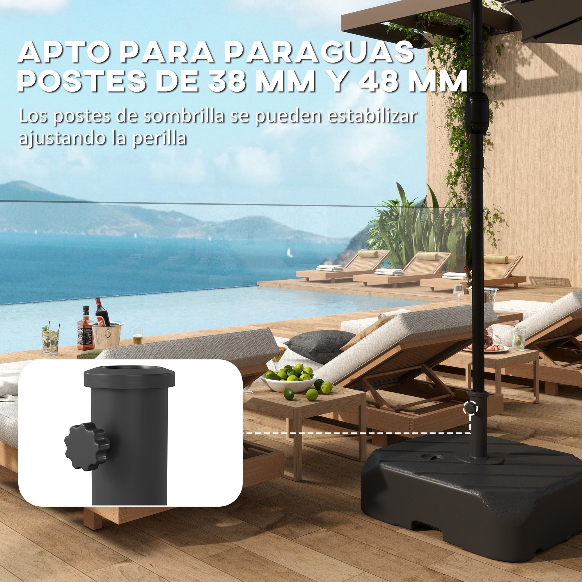 Outsunny Base para Sombrilla con Ruedas, Soporte de Parasol de HDPE, Pie para Sombrilla con Postes Ø38 mm, Ø48 mm, Rellenable de Arena 72 kg o Agua 45 Litros, con Asa Telescópica, para Jardín, Patio, Terraza, Negro