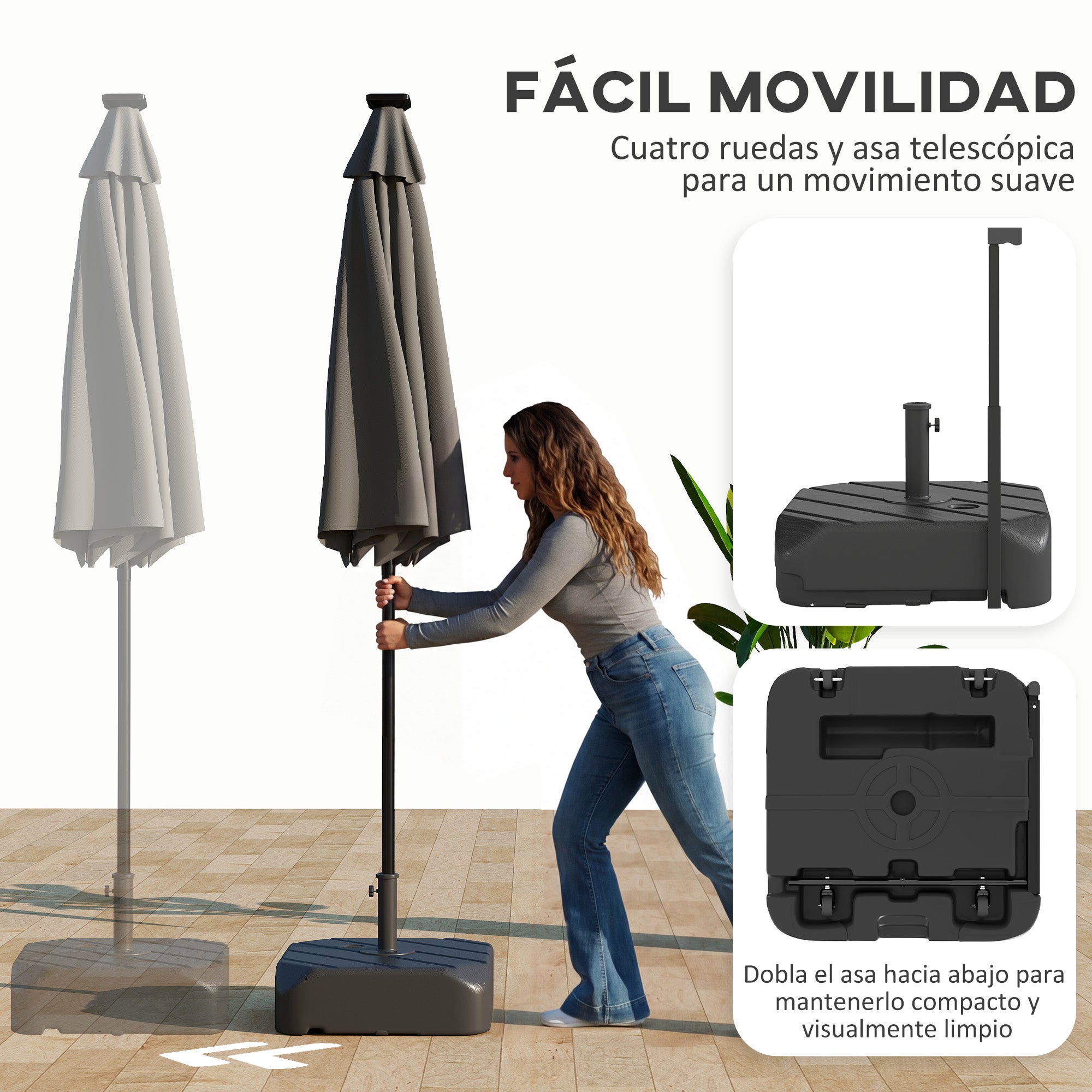 Outsunny Base para Sombrilla con Ruedas, Soporte de Parasol de HDPE, Pie para Sombrilla con Postes Ø38 mm, Ø48 mm, Rellenable de Arena 72 kg o Agua 45 Litros, con Asa Telescópica, para Jardín, Patio, Terraza, Negro