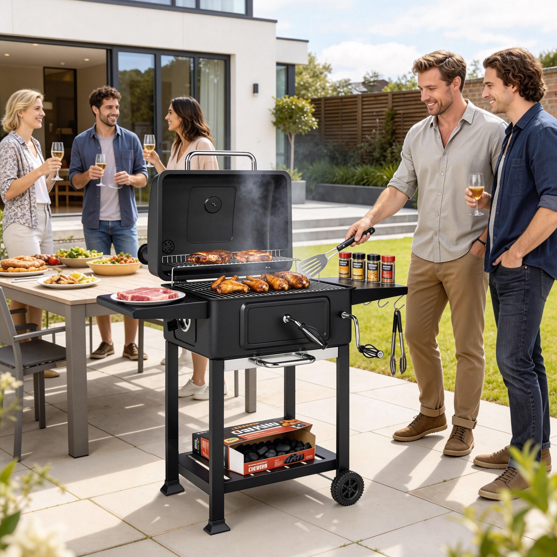 Outsunny Barbacoa de Carbón Portátil, Barbacoa de Carbón con Bandeja y Ventilación Ajustable, Gran Parrilla, Estantes Laterales, Termómetro, Tapa, Chimenea, Cajón de Cenizas, Ruedas, Puerta, Negro