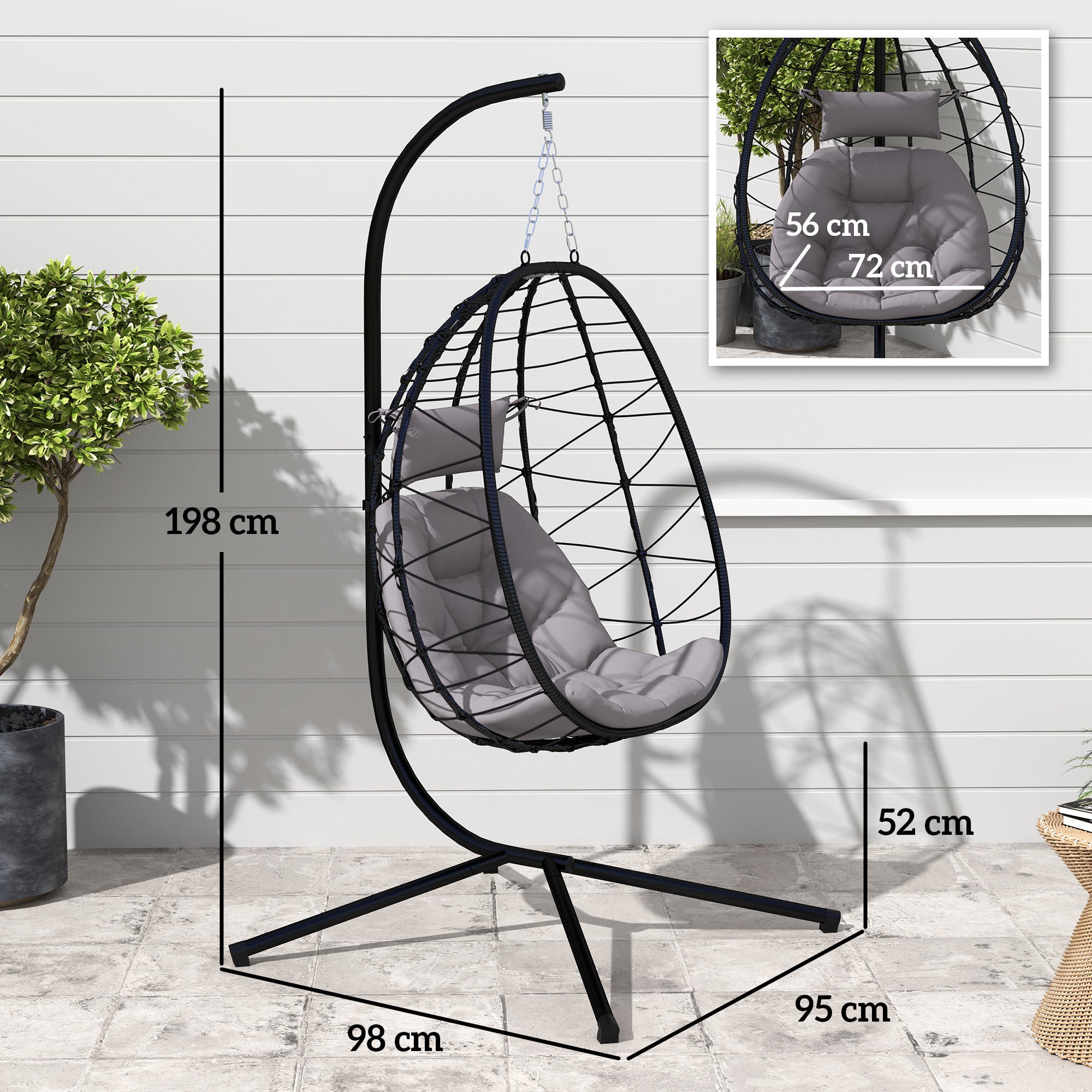 Outsunny Silla Colgante Huevo con Soporte Columpio Jardín Exterior con Cesta Plegable Cojín y Reposacabezas Columpio Colgante para Interior y Exterior Carga 120 kg Gris