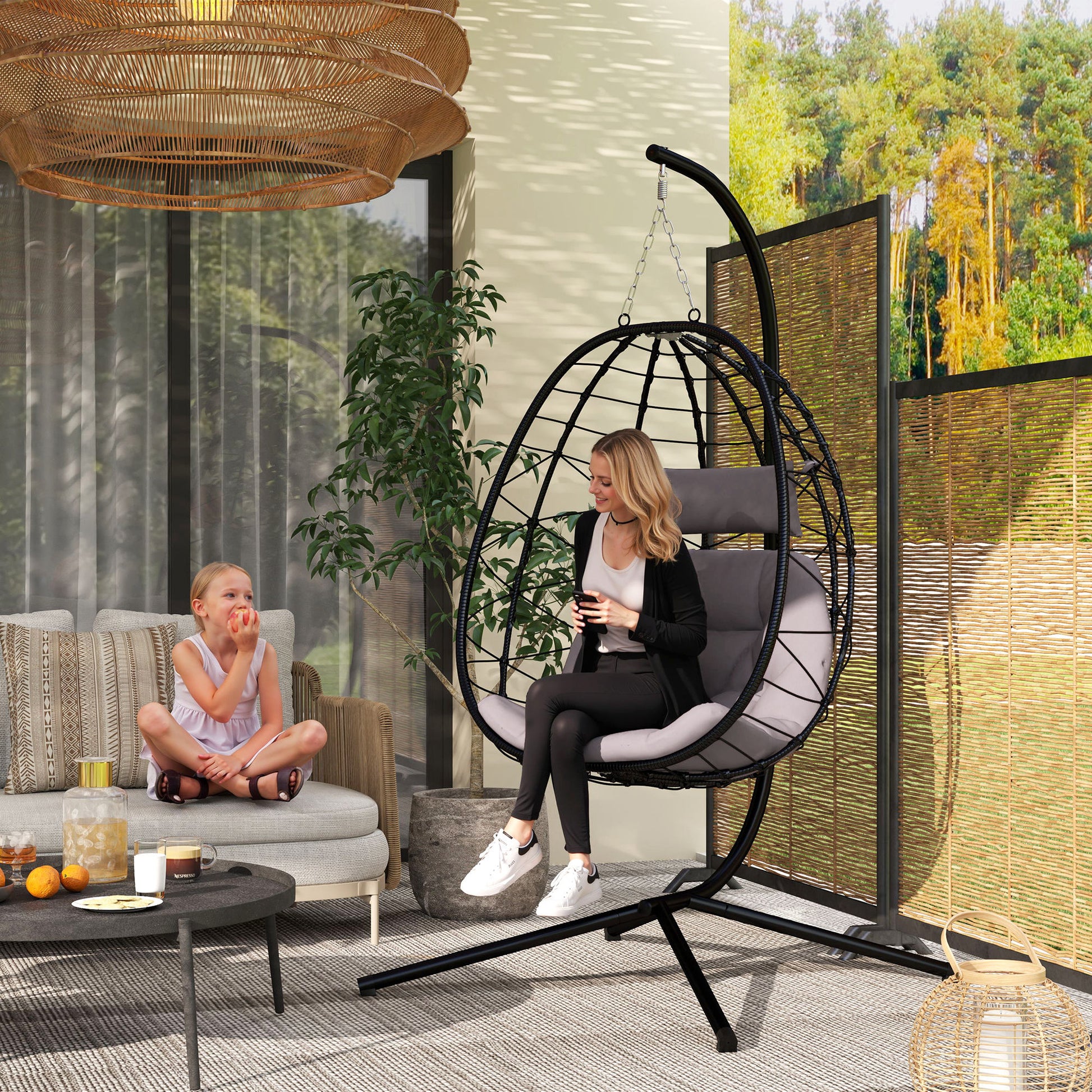 Outsunny Silla Colgante Huevo con Soporte Columpio Jardín Exterior con Cesta Plegable Cojín y Reposacabezas Columpio Colgante para Interior y Exterior Carga 120 kg Gris
