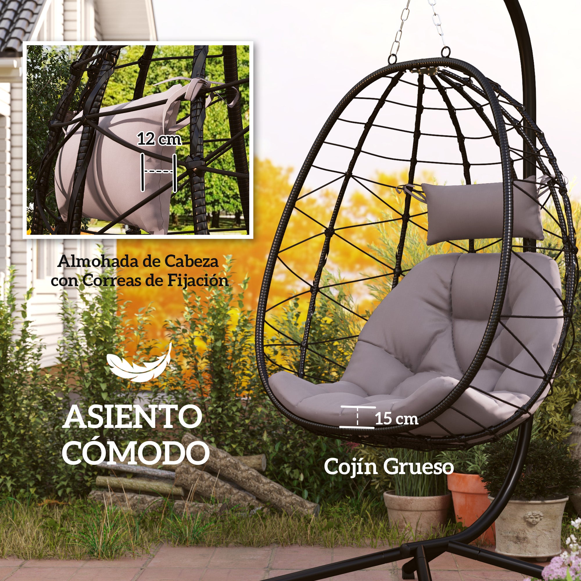 Outsunny Silla Colgante Huevo con Soporte Columpio Jardín Exterior con Cesta Plegable Cojín y Reposacabezas Columpio Colgante para Interior y Exterior Carga 120 kg Gris
