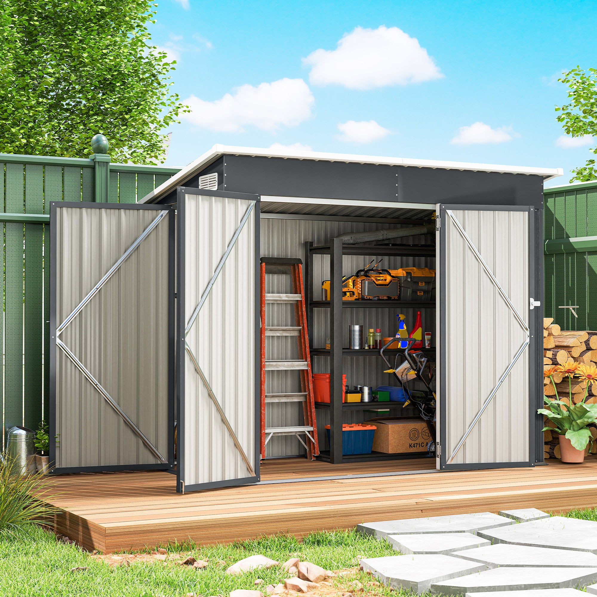 Outsunny Caseta de Jardín Exterior 2,7 m², 234x132x185 cm, Cobertizo de Jardín Exterior Metálico con Triple Puerta, Cerradura, Techo Inclinado y Ventilación para Almacenamiento de Herramientas, Gris