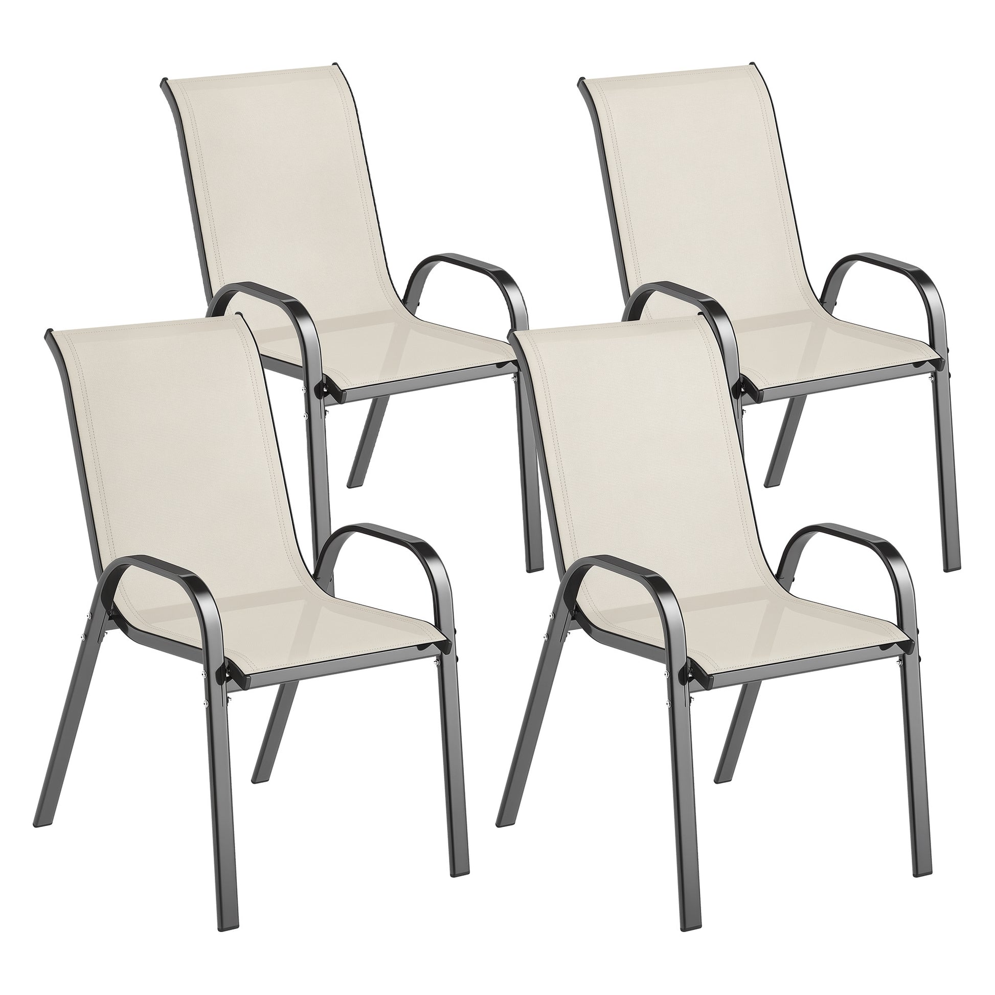 Outsunny Juego de 4 Sillas de Jardín Exterior, Sillas Terraza Exterior Apilables, Sillas de Jardín con Tela Transpirable, Marco de Acero, Reposabrazos y Respaldo, 54x71x93 cm, Beige y Negro