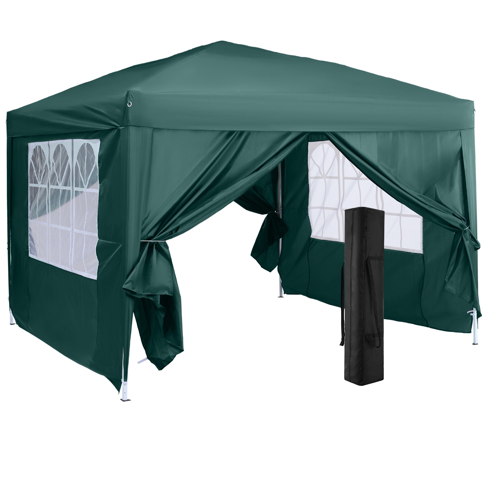 Outsunny Carpa Gazebo con Paredes Desmontables Ventanas Visibles Puerta con Cremallera Incluye Bolsa de Transporte Cuerdas y Piquetas 3x3 m Verde