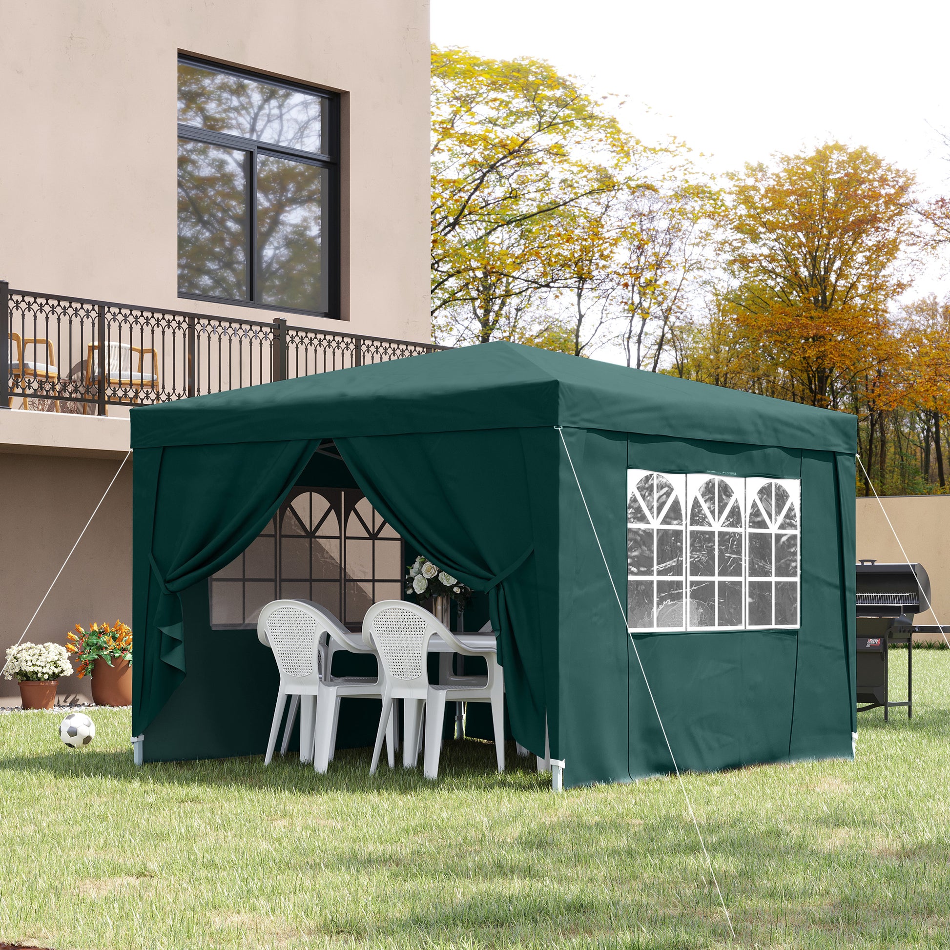Outsunny Carpa Gazebo con Paredes Desmontables Ventanas Visibles Puerta con Cremallera Incluye Bolsa de Transporte Cuerdas y Piquetas 3x3 m Verde