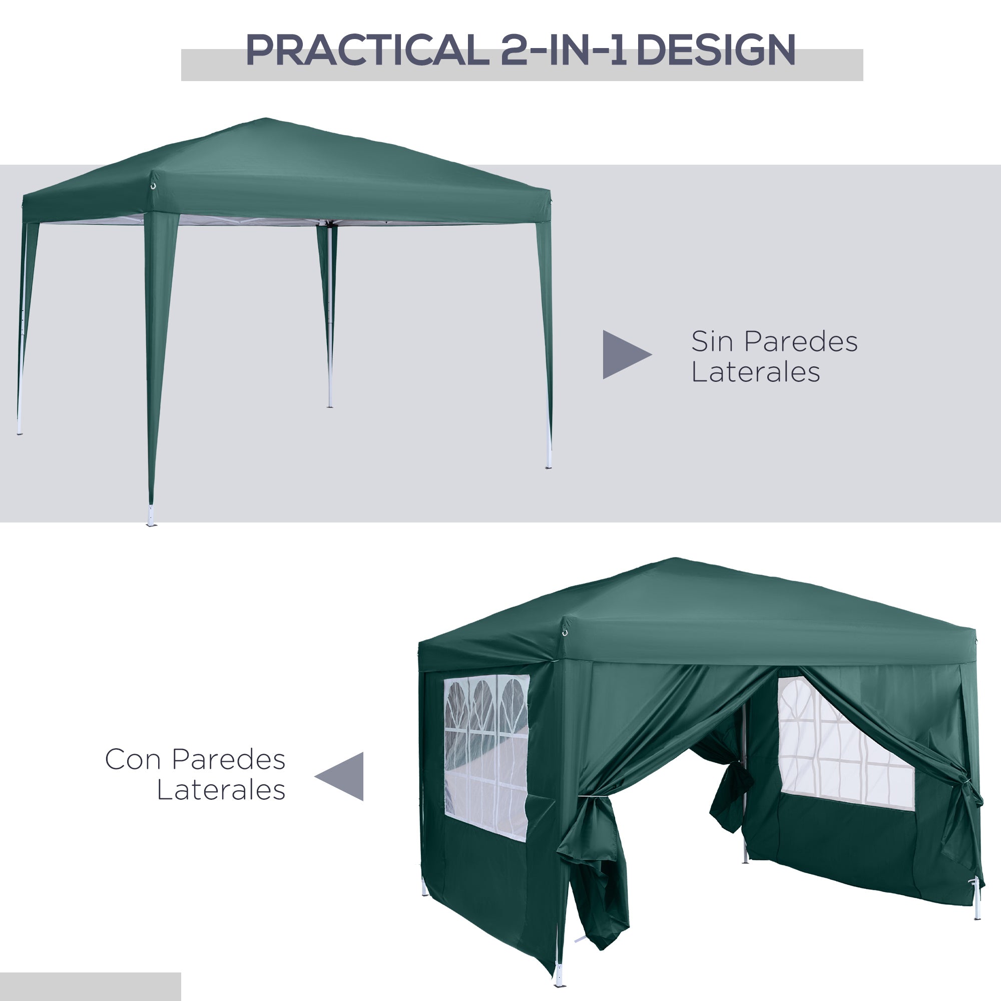Outsunny Carpa Gazebo con Paredes Desmontables Ventanas Visibles Puerta con Cremallera Incluye Bolsa de Transporte Cuerdas y Piquetas 3x3 m Verde