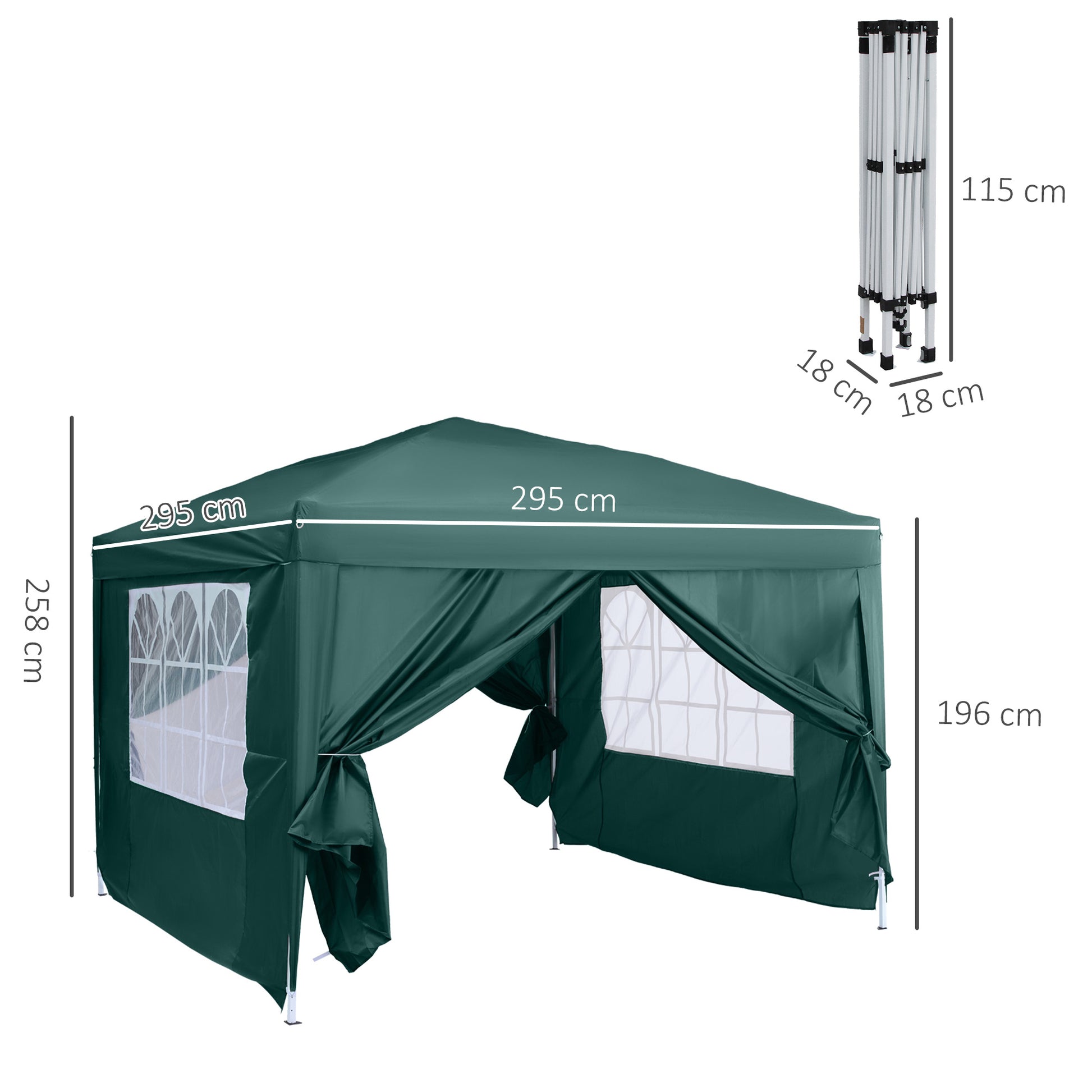 Outsunny Carpa Gazebo con Paredes Desmontables Ventanas Visibles Puerta con Cremallera Incluye Bolsa de Transporte Cuerdas y Piquetas 3x3 m Verde
