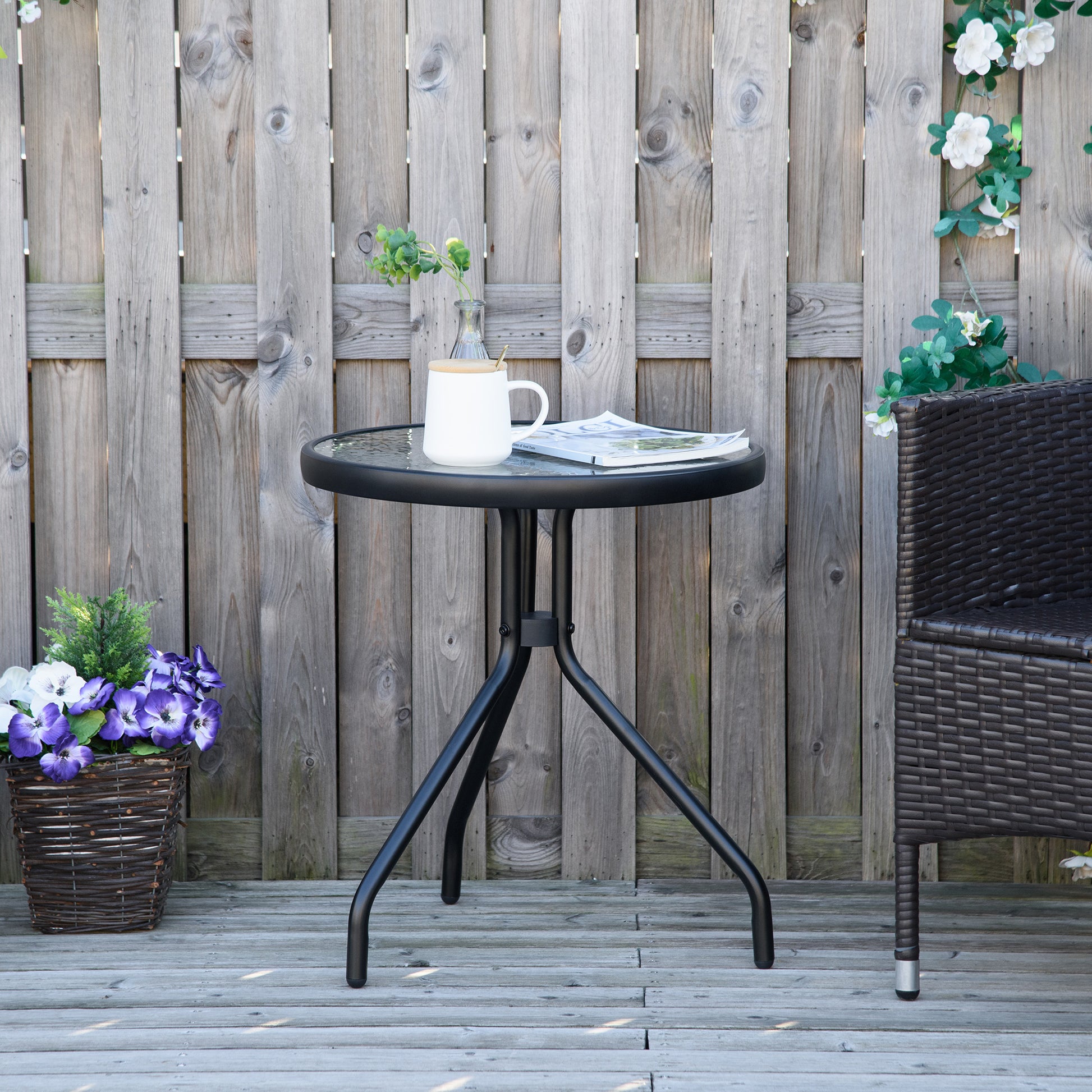 Outsunny Mesa de Jardín Redonda Mesa de Café Exterior con Tablero de Cristal Decorativo y Marco de Metal para Patio Terraza Balcón Ø50x55 cm Negro