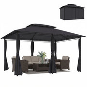 Outsunny Cenador para Jardín 3x4 m, Pabellón de Jardín, Gazebo con Doble Techo, 6 Paredes Laterales, Estructura Metálica, Drenaje, Carpa para Exterior, Terraza, Patio, Gris