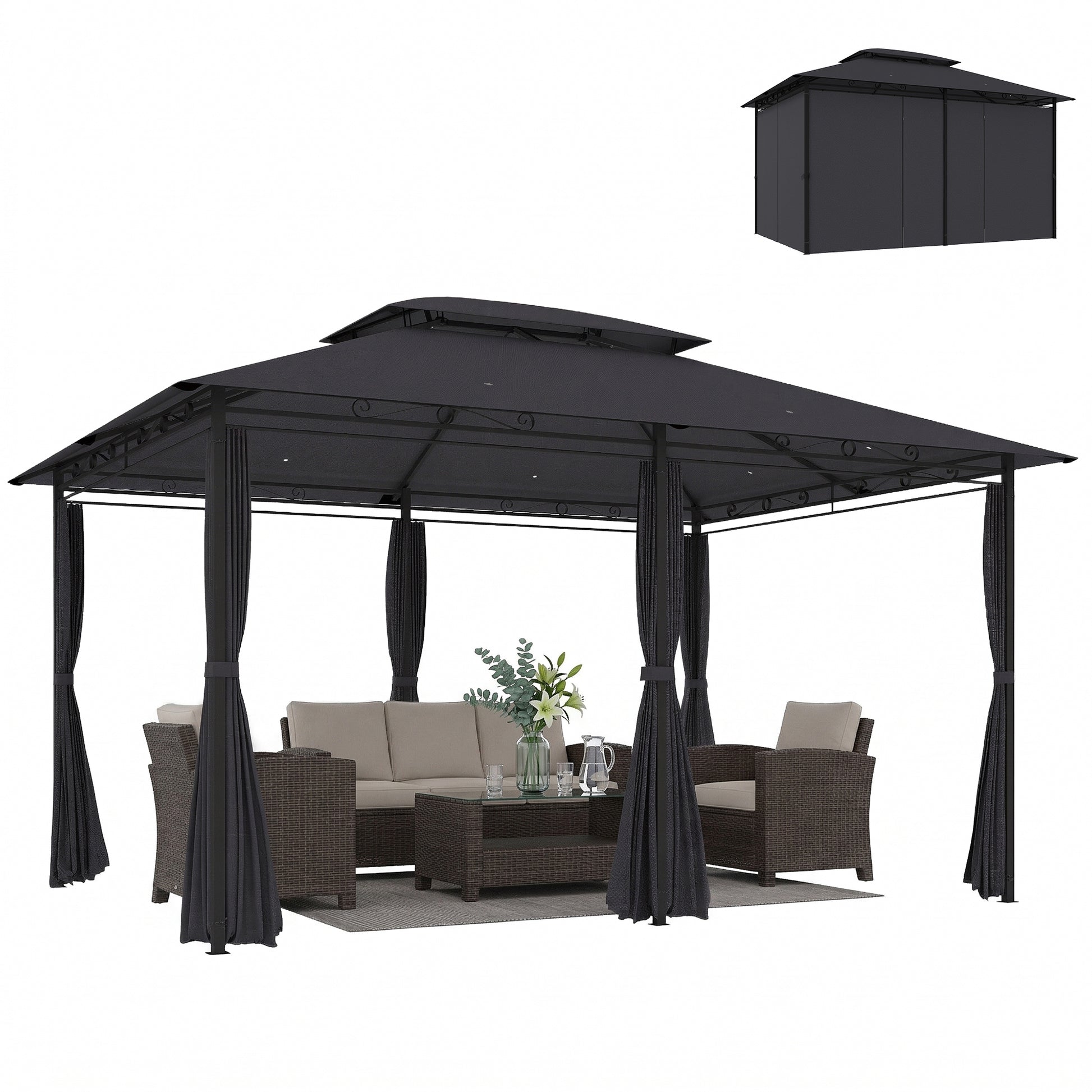 Outsunny Cenador para Jardín 3x4 m, Pabellón de Jardín, Gazebo con Doble Techo, 6 Paredes Laterales, Estructura Metálica, Drenaje, Carpa para Exterior, Terraza, Patio, Gris