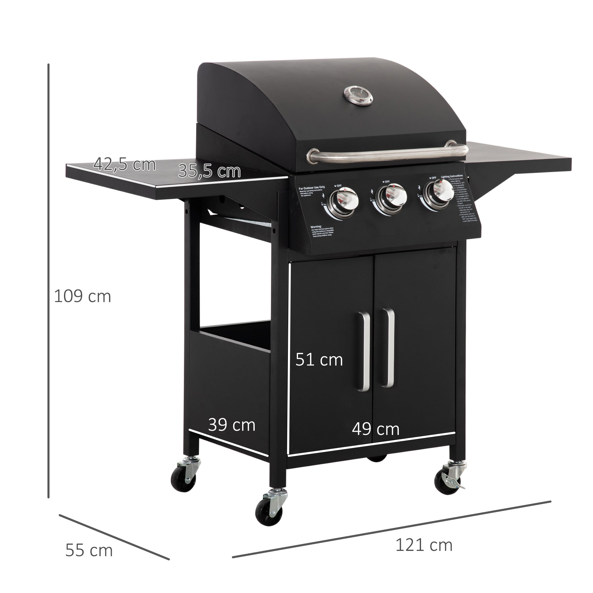 Outsunny Barbacoa de Gas con 3 Quemadores 8,7 KW Termómetro Parrilla de Gas con 2 Mesas Laterales Armario de 2 Puertas 4 Ruedas y Frenos Acero al Carbono para BBQ 121x55x109 cm Negro