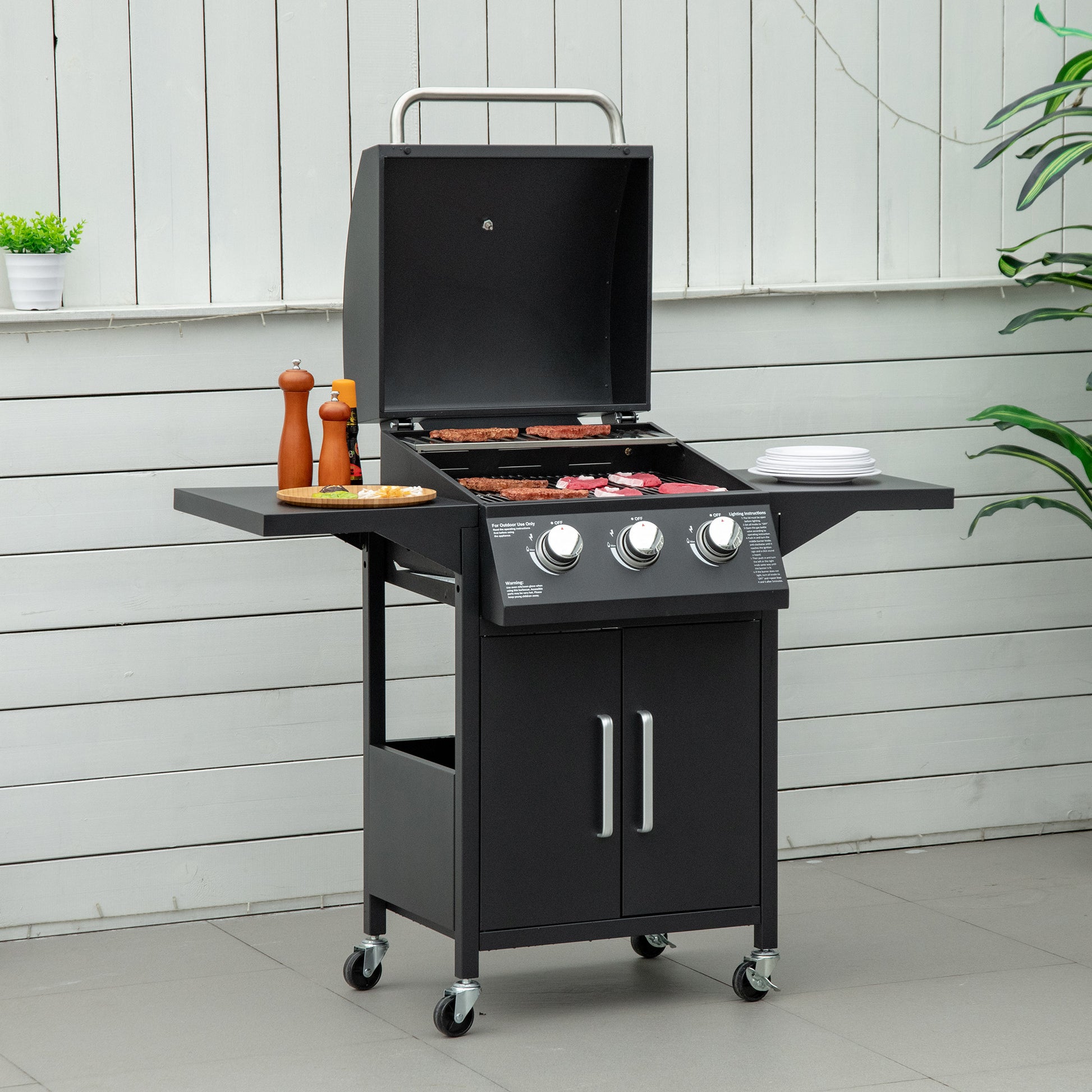 Outsunny Barbacoa de Gas con 3 Quemadores 8,7 KW Termómetro Parrilla de Gas con 2 Mesas Laterales Armario de 2 Puertas 4 Ruedas y Frenos Acero al Carbono para BBQ 121x55x109 cm Negro