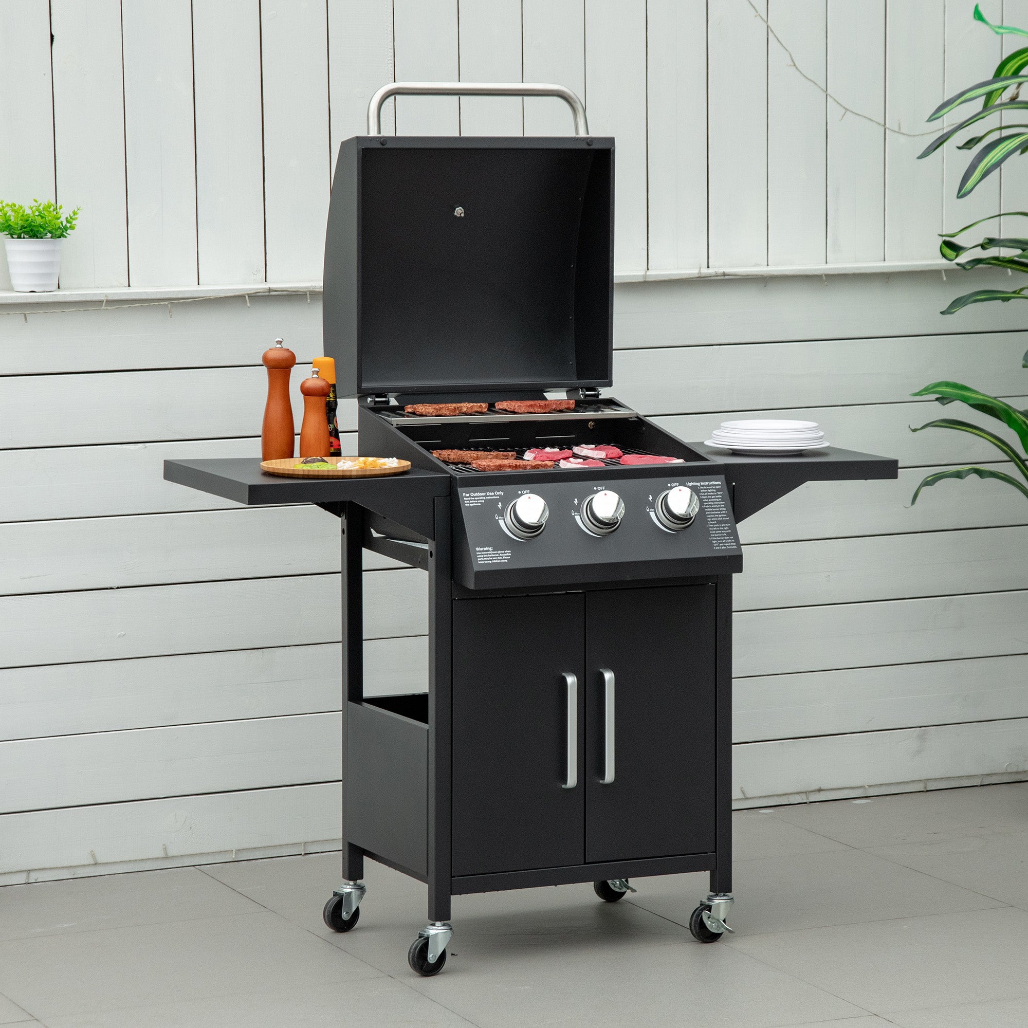 Outsunny Barbacoa de Gas con 3 Quemadores 8,7 KW Termómetro Parrilla de Gas con 2 Mesas Laterales Armario de 2 Puertas 4 Ruedas y Frenos Acero al Carbono para BBQ 121x55x109 cm Negro