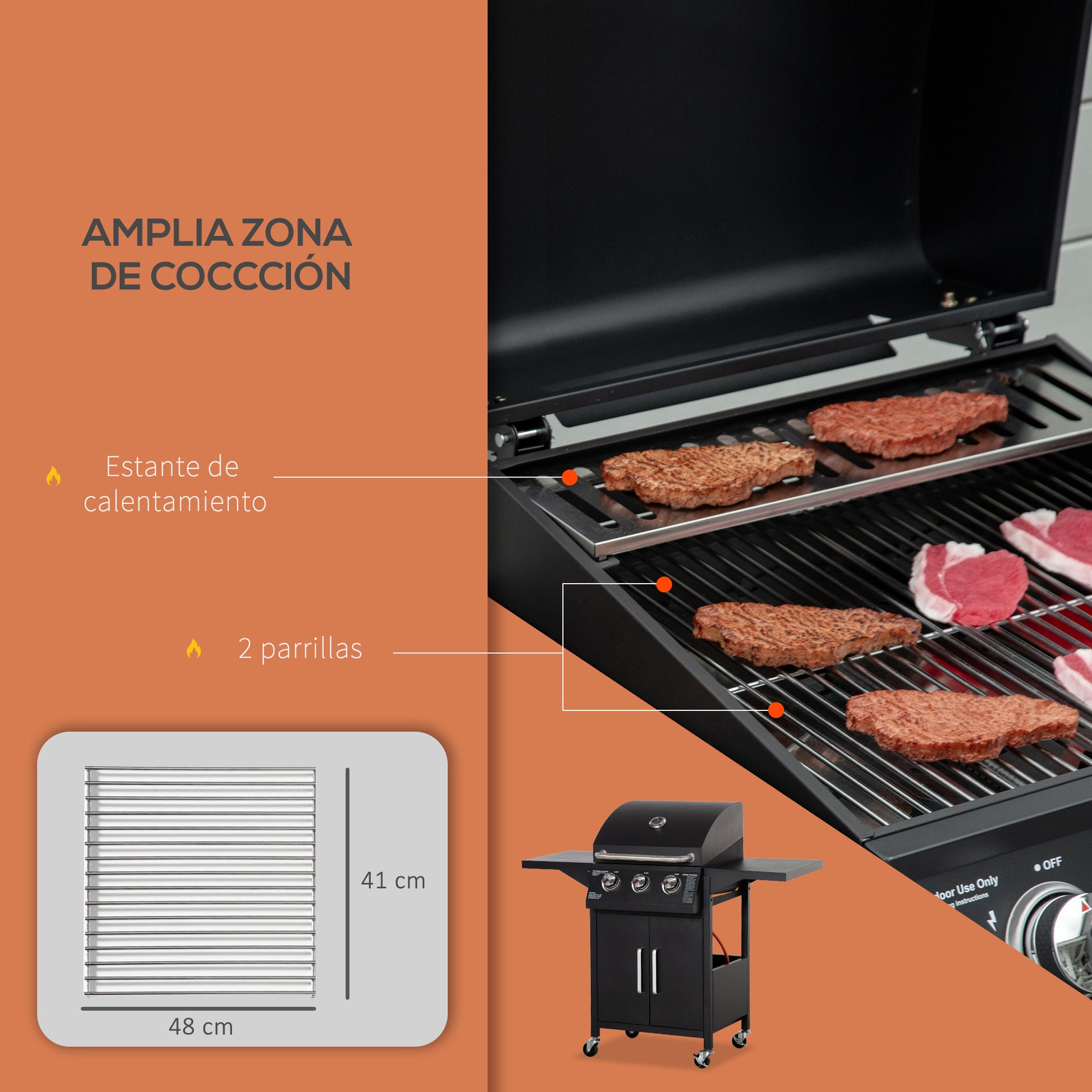 Outsunny Barbacoa de Gas con 3 Quemadores 8,7 KW Termómetro Parrilla de Gas con 2 Mesas Laterales Armario de 2 Puertas 4 Ruedas y Frenos Acero al Carbono para BBQ 121x55x109 cm Negro