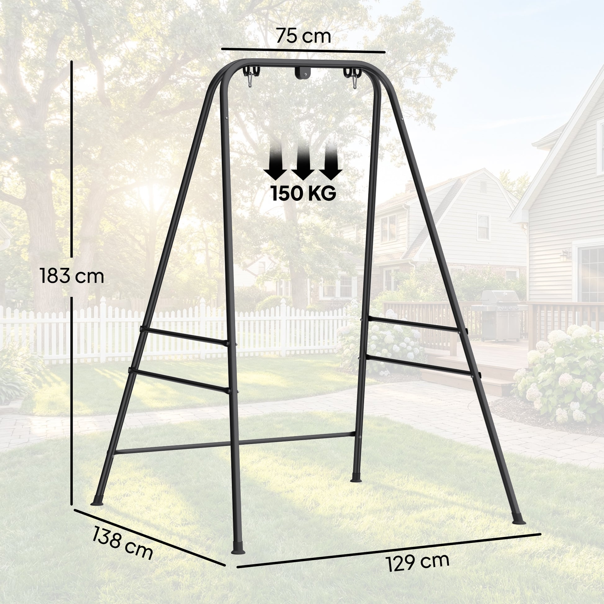 Outsunny Soporte para Silla Colgante y Hamaca, 183 cm, Soporte para Columpio con Estructura de Acero, Almohadillas Antideslizantes y 2 Mosquetones, para Interior y Exterior, Carga 150 kg, Negro