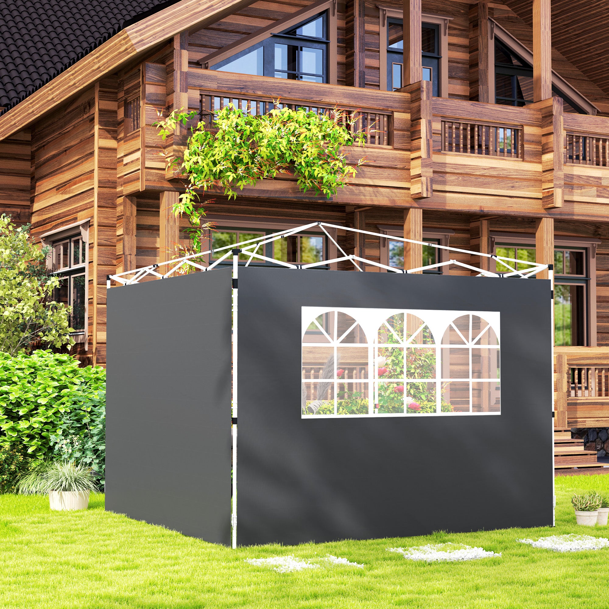Outsunny 2 Paredes Laterales para Carpas de 3 x 3 m, 300x200 cm, Paredes Laterales de Repuesto para Cenador de Tela Oxford con Ventana, para Jardín, Exteriores, Fiestas, Gris Oscuro