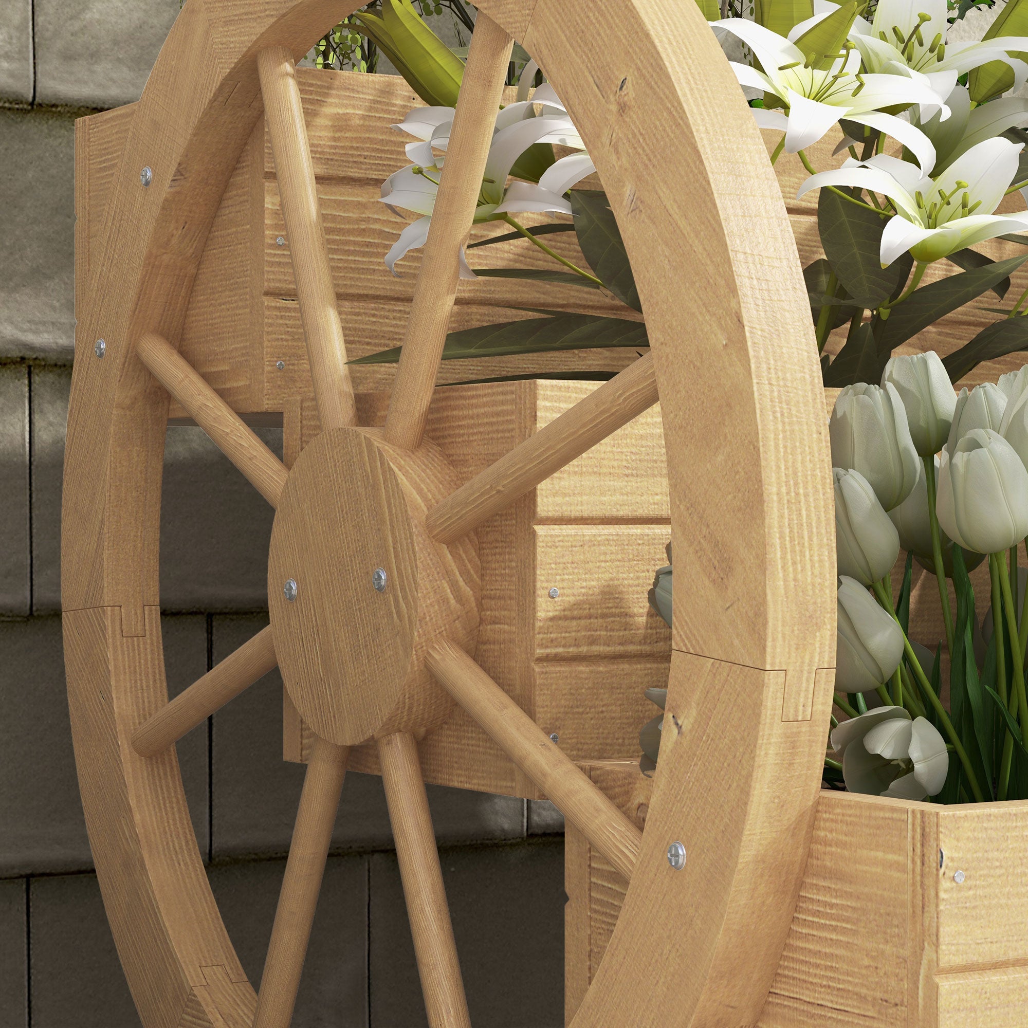 Outsunny Jardinera de Madera Macetero Exterior de 3 Niveles Diseño de Escalera y Forma de Ruedas Orificios de Drenaje Huerto Urbano para Cultivos Plantas Flores en Terraza Jardín 61x62x57 cm Natural
