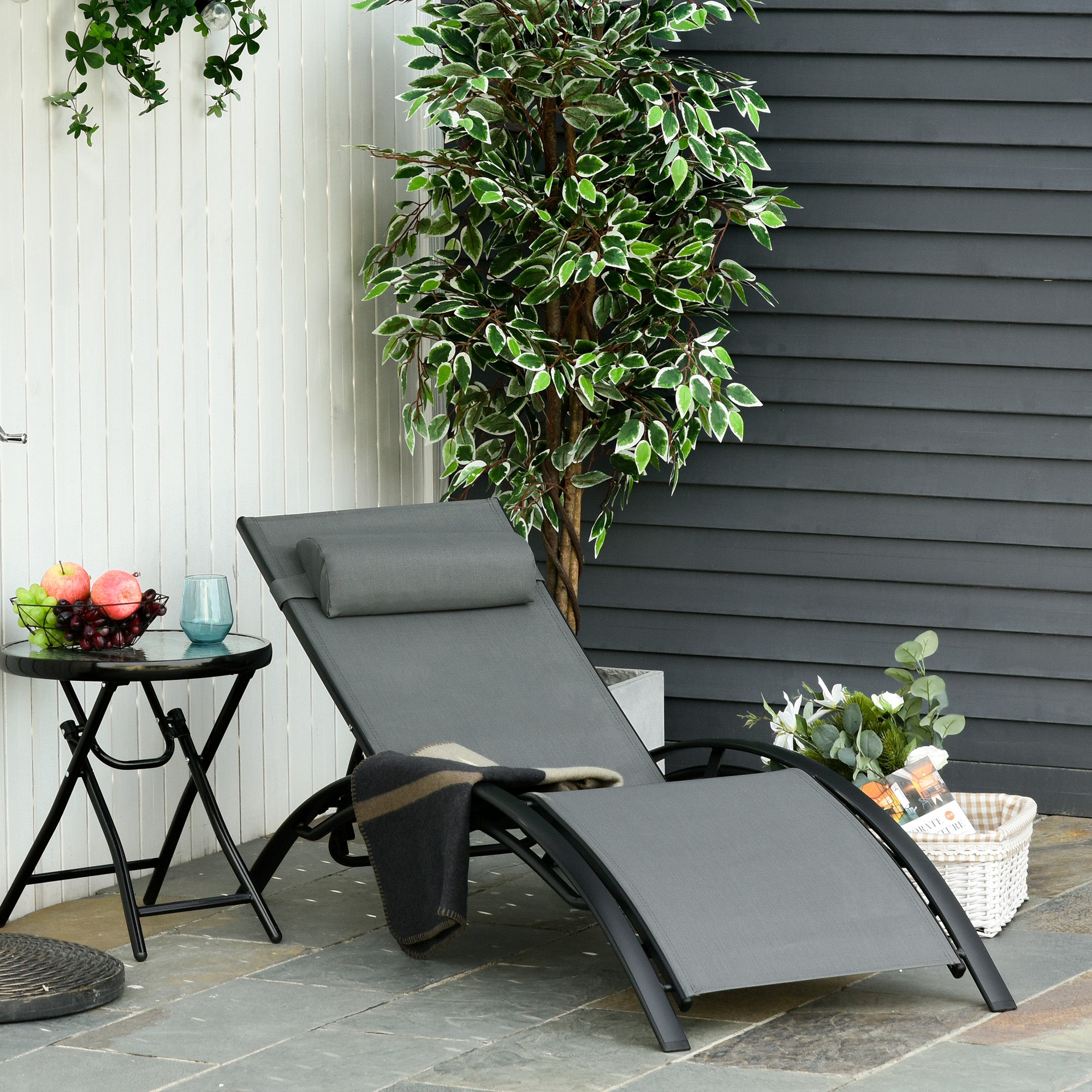 Outsunny Tumbona Reclinable de Aluminio con Respaldo Ajustable en 5 Posiciones y Reposacabezas Extraíble Acolchado Texteline para Jardín Terraza Balcón 171x64x82 cm Gris