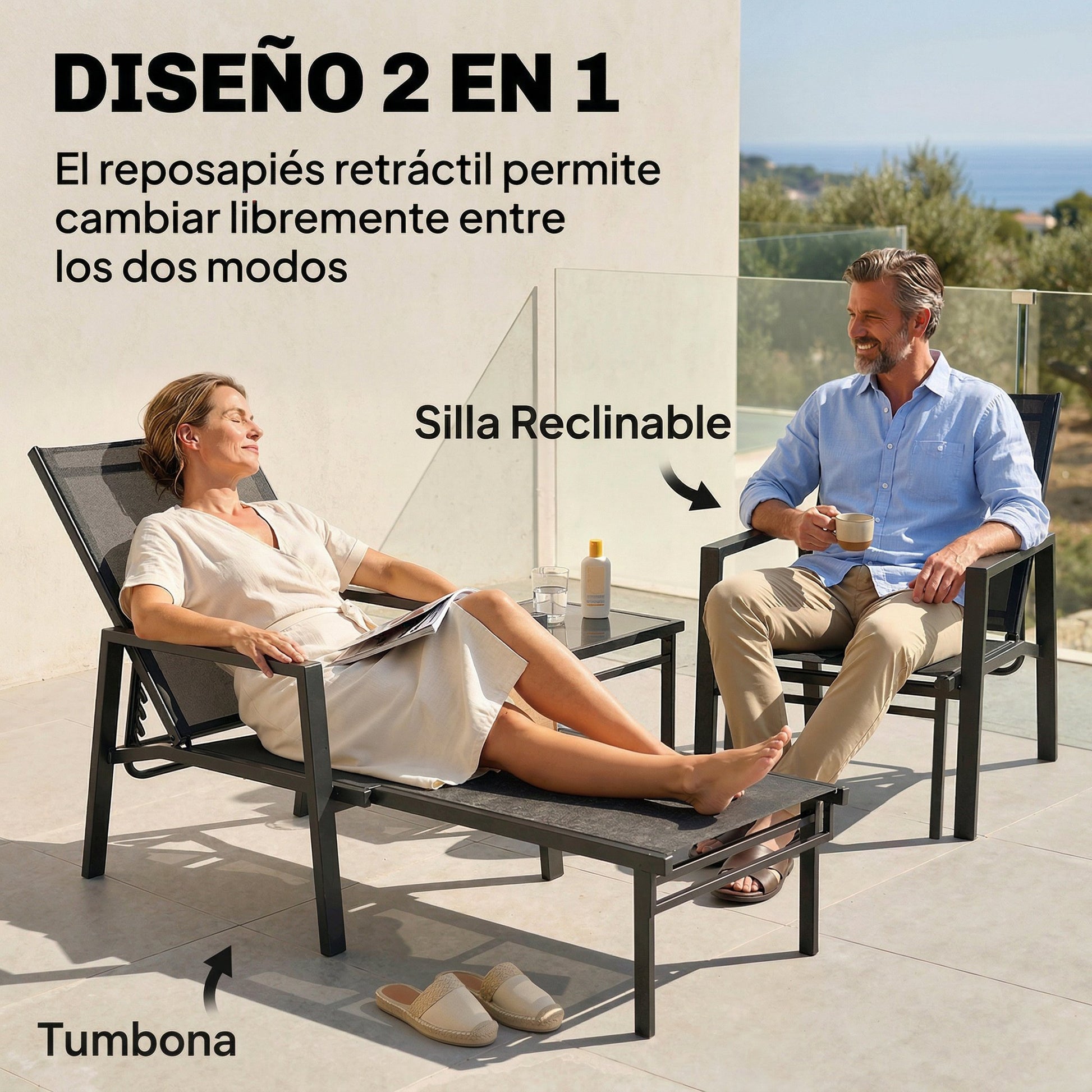 Outsunny Tumbona Plegable 2 en 1, Tumbona Jardín Exterior con Reposapiés Retráctil, Respaldo Ajustable en 5 Posiciones, Tela de Textilene, Marco Acero, Carga 120 kg, para Terraza, Playa, Gris Oscuro