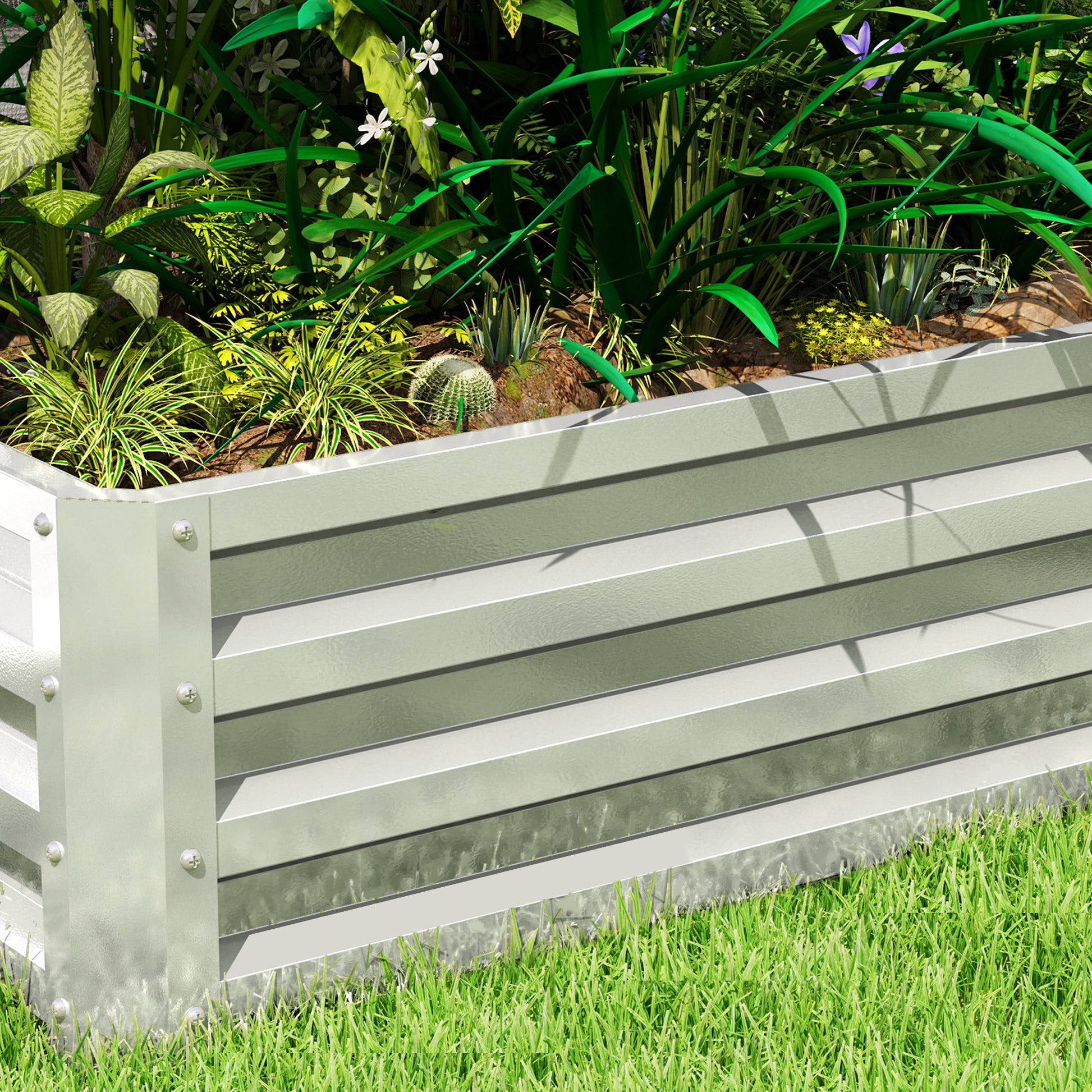 Outsunny Jardinera Exterior Grande de Acero Galvanizado, Huerto Urbano Elevado para Cultivar Plantas, Flores, Hierba, Macetero Exterior Rectangular con Fondo Abierto, 120x60x30,5 cm, Plata