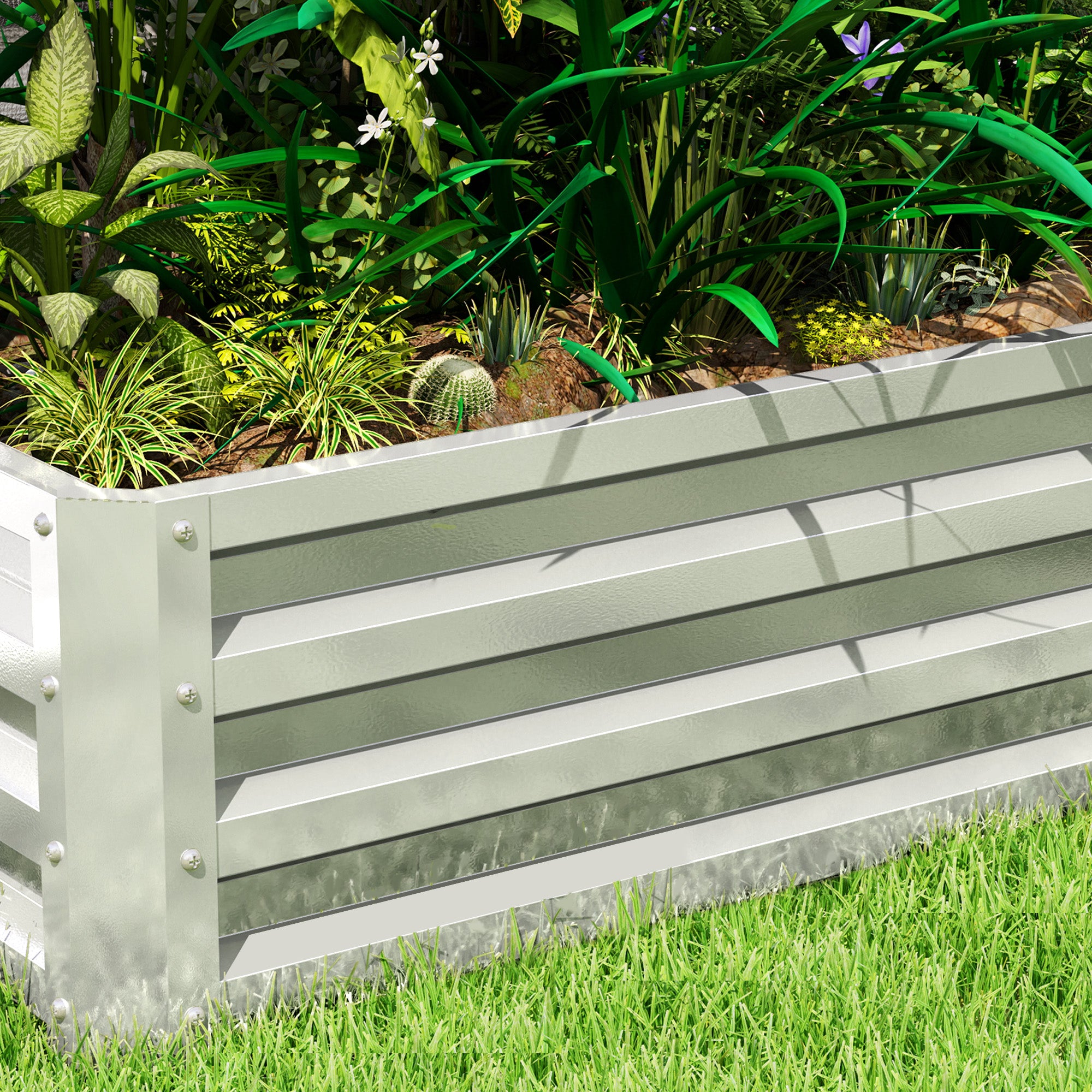 Outsunny Jardinera Exterior Grande de Acero Galvanizado, Huerto Urbano Elevado para Cultivar Plantas, Flores, Hierba, Macetero Exterior Rectangular con Fondo Abierto, 120x60x30,5 cm, Plata