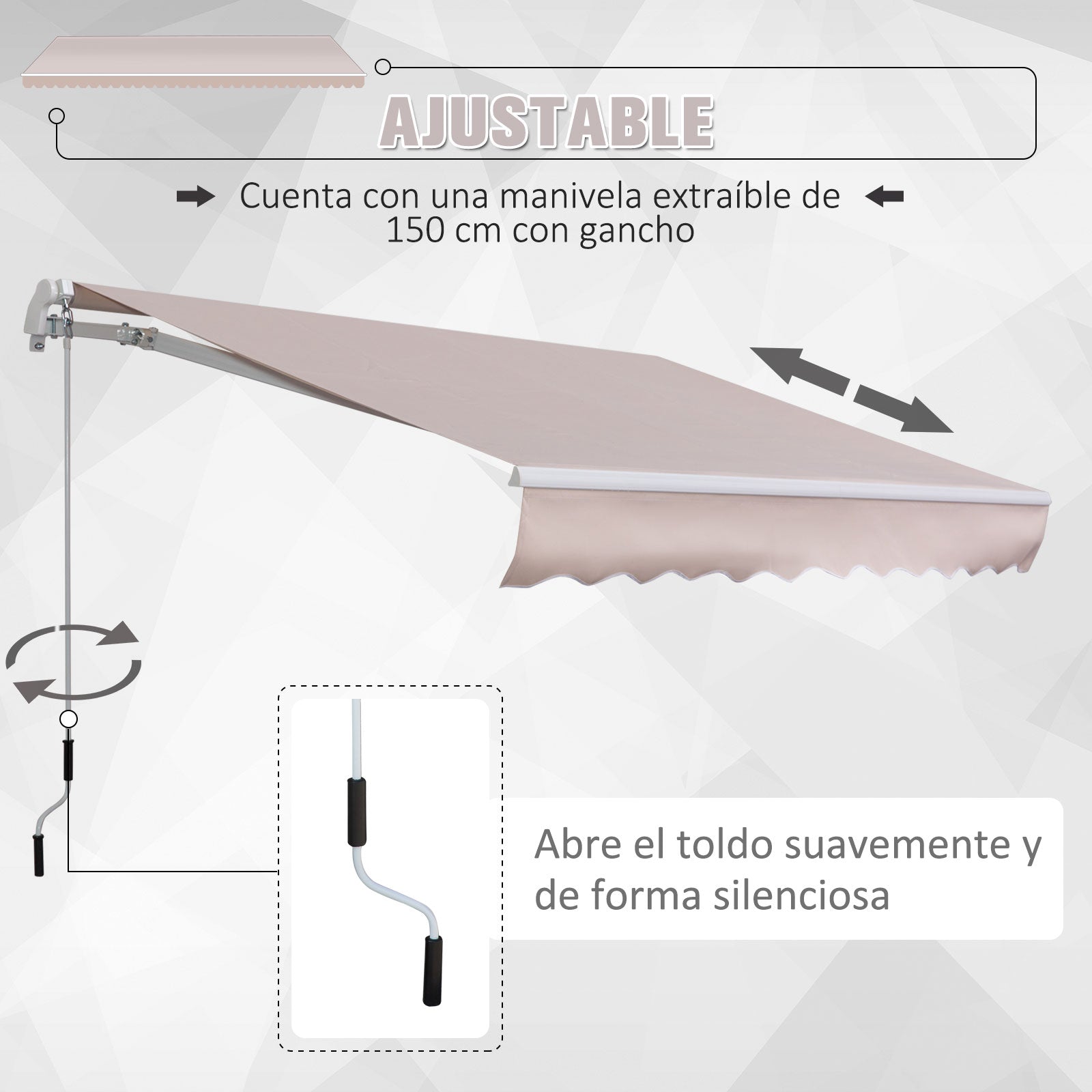 Outsunny Toldo Manual con Manivela 3x2m Toldo con Brazo Plegable Retráctil Ángulo Ajustable de Aluminio Protección Solar para Puerta Ventanas Balcón Beige
