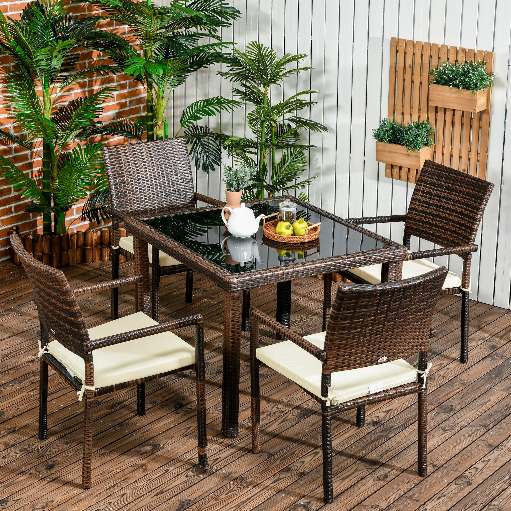 Outsunny Conjunto de Muebles de Ratán Sintético Juego de Muebles de Jardín 5 Piezas Mesa de Centro con Tablero de Vidrio y 4 Sillas con Cojines para Terraza Patio Balcón Marrón
