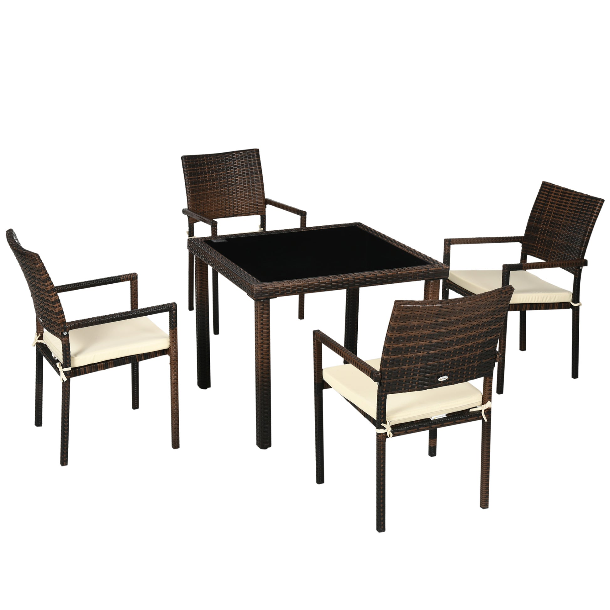 Outsunny Conjunto de Muebles de Ratán Sintético Juego de Muebles de Jardín 5 Piezas Mesa de Centro con Tablero de Vidrio y 4 Sillas con Cojines para Terraza Patio Balcón Marrón