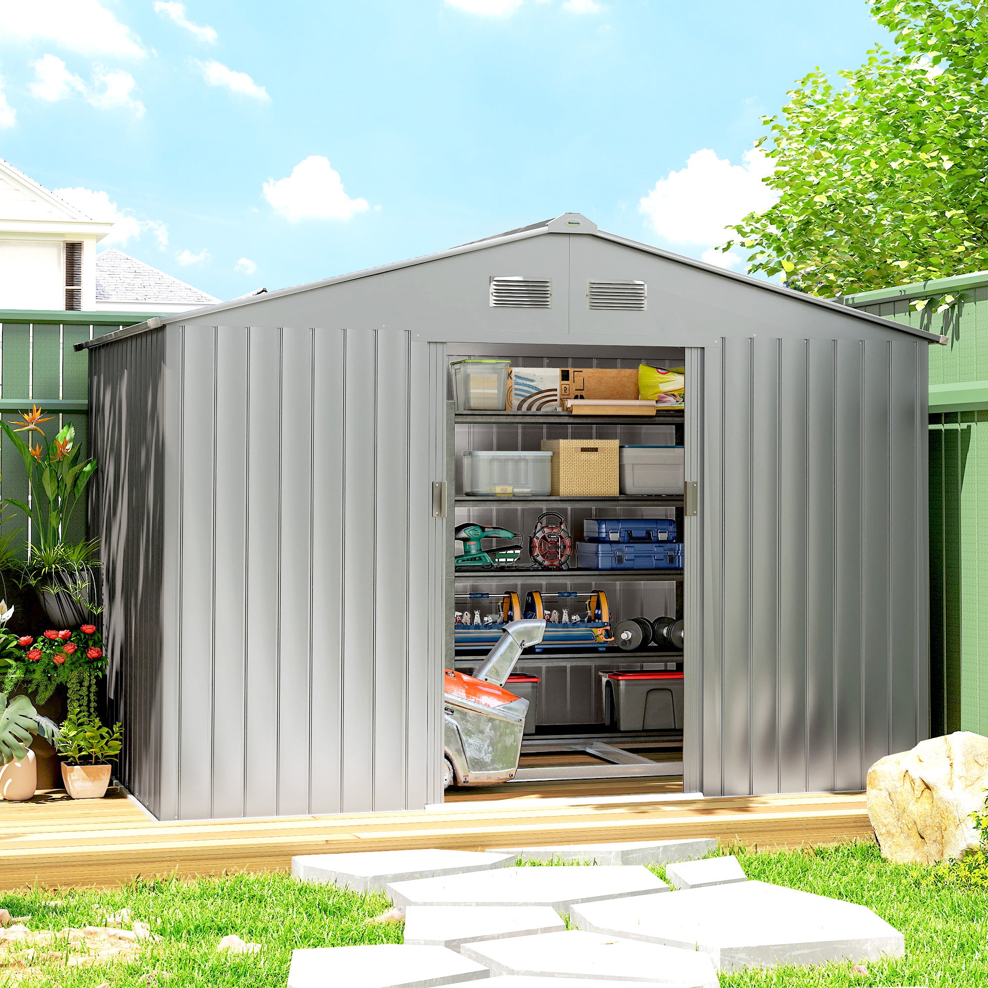 Outsunny Caseta de Jardín Exterior 4,9 m², 277x195x192 cm, Cobertizo de Jardín Exterior Metálico con Puerta Corredera, Ventilación y Kit de Fundación, para Almacenamiento de Herramientas, Gris