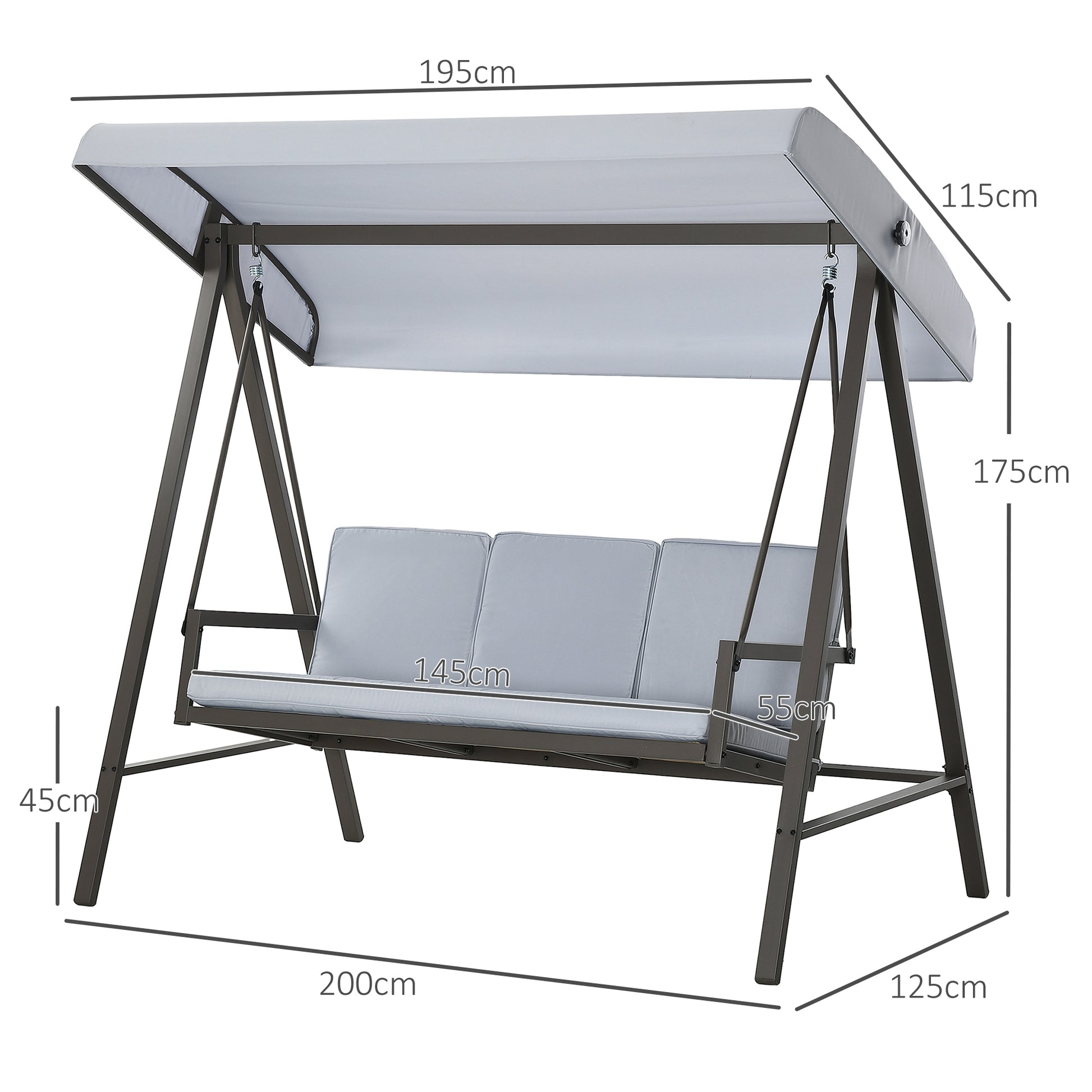 Outsunny Columpio de Jardín de 3 Plazas Balancín Exterior Jardín con Toldo Ajustable Cojines Extraíbles y Estructura de Acero 200x125x175 cm Gris