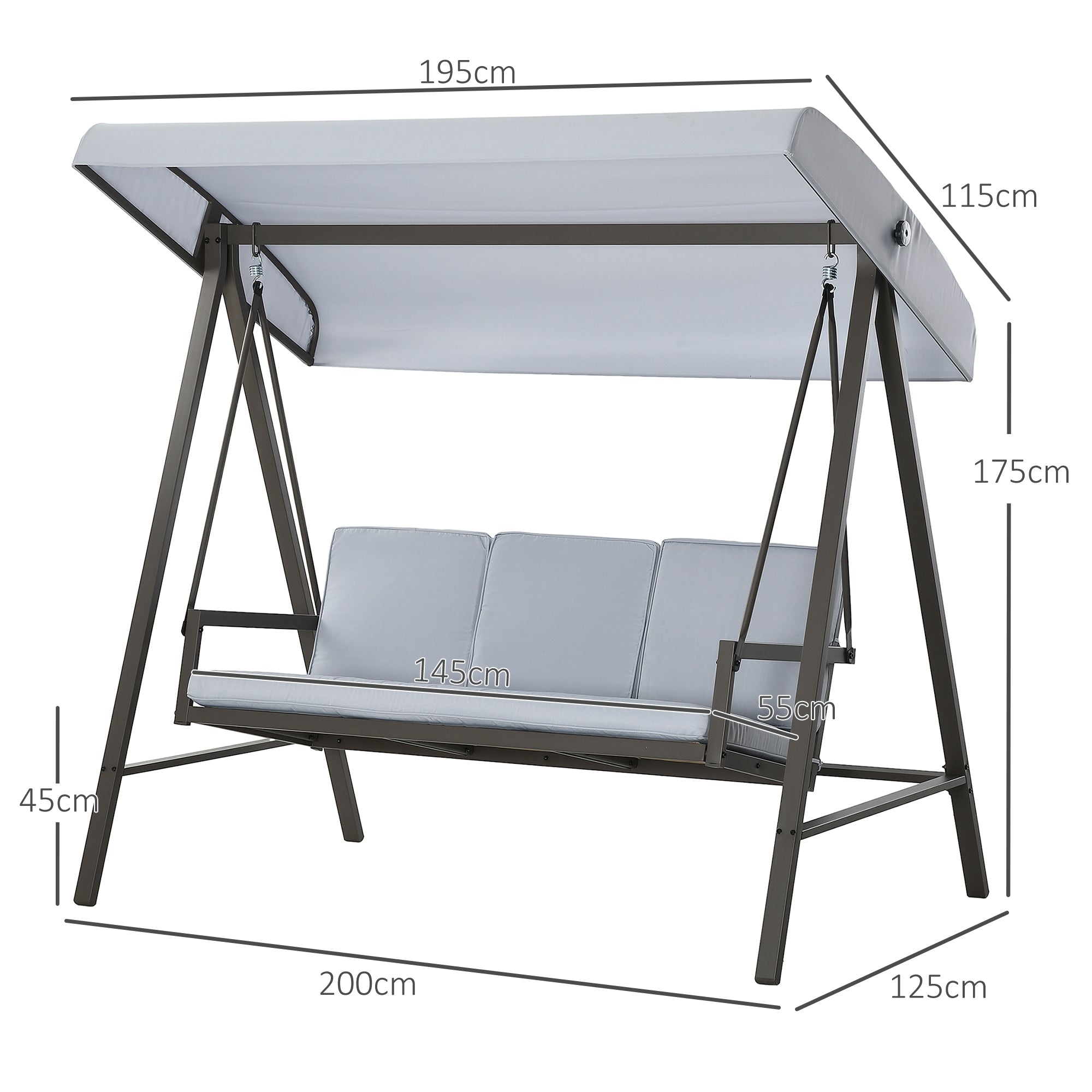 Outsunny Columpio de Jardín de 3 Plazas Balancín Exterior Jardín con Toldo Ajustable Cojines Extraíbles y Estructura de Acero 200x125x175 cm Gris