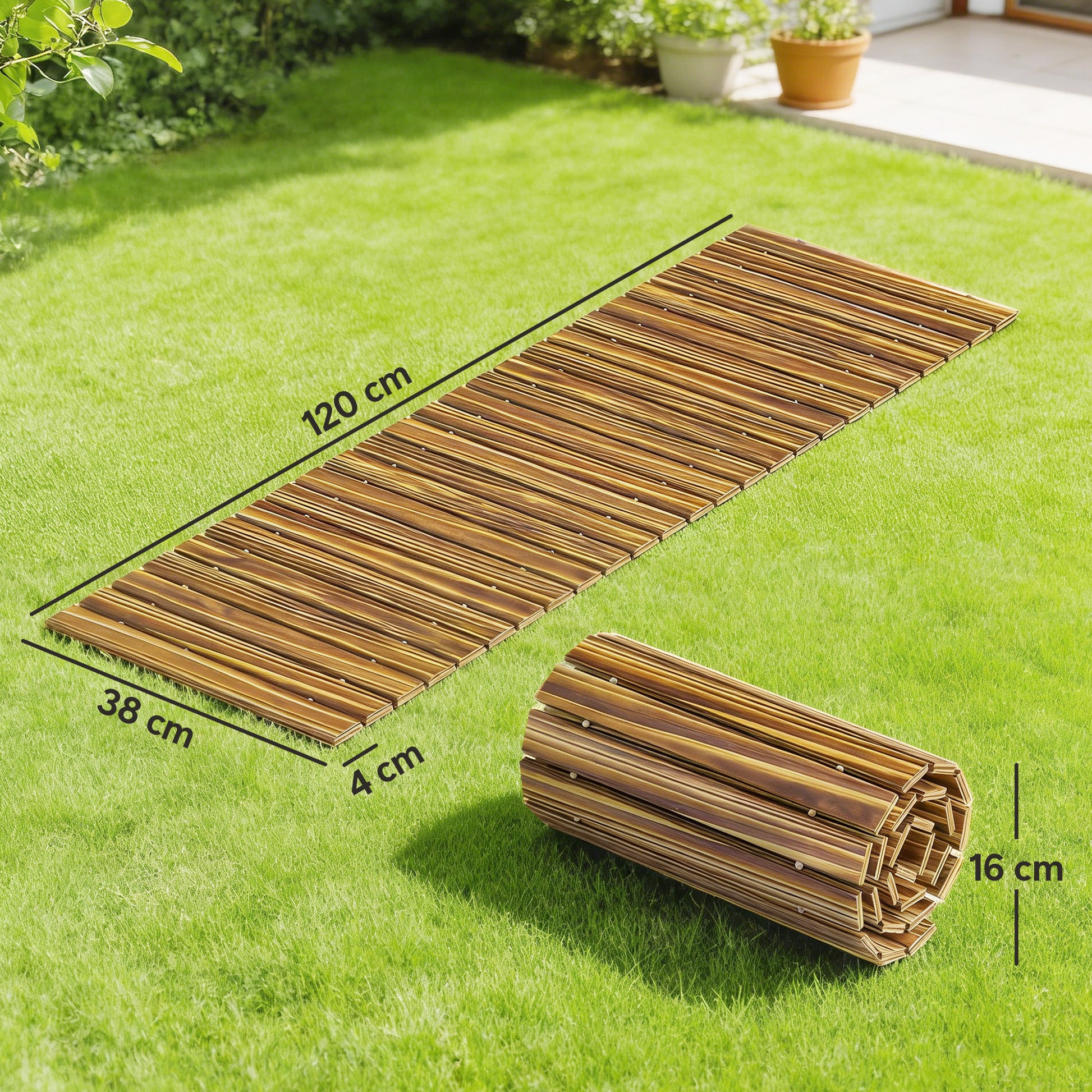 Outsunny Camino de Jardín de Madera 120x38 cm Pasarela Recta Enrollable para Exteriores Resistente a la Intemperie Decorativo de Jardín para Playa Boda Fiesta Carbonizado