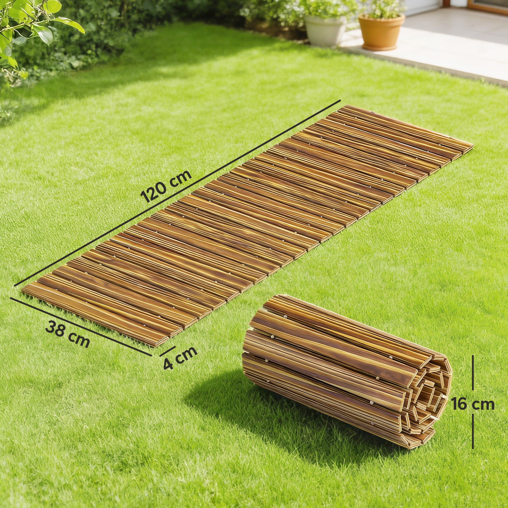 Outsunny Camino de Jardín de Madera 120x38 cm Pasarela Recta Enrollable para Exteriores Resistente a la Intemperie Decorativo de Jardín para Playa Boda Fiesta Carbonizado