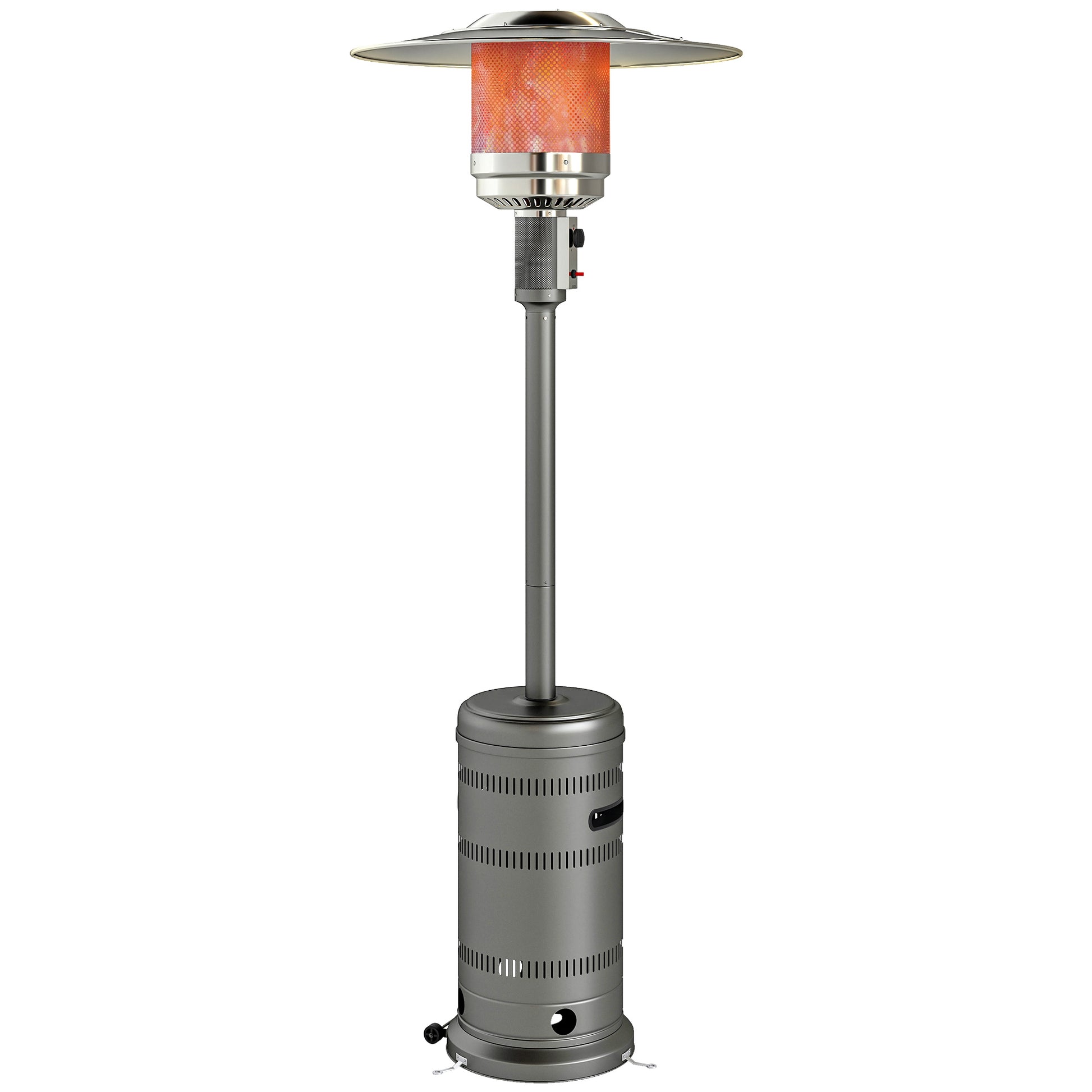 Outsunny Estufa de Gas Butano, 13000W, Calefactor de Exterior a Gas Portátil con Temperatura Ajustable, Protección contra Vuelcos, Encendido Piezoeléctrico y Ruedas, para Butano y Propano, 7 m², Gris