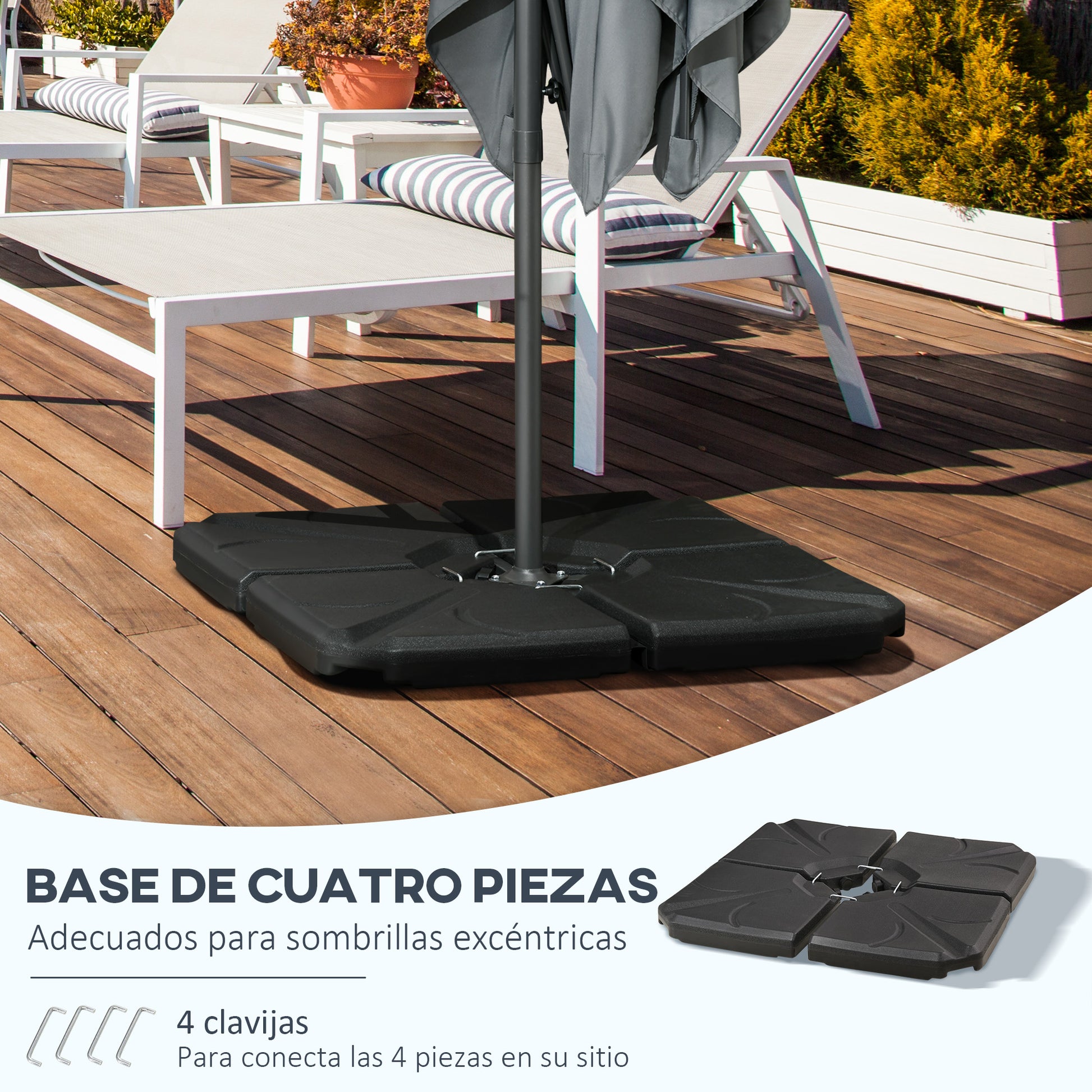 Outsunny Base para Sombrilla de 4 Piezas Soporte para Parasol Rellenable con Arena 72 kg o Agua 56 kg para Jardín Patio Terraza Negro