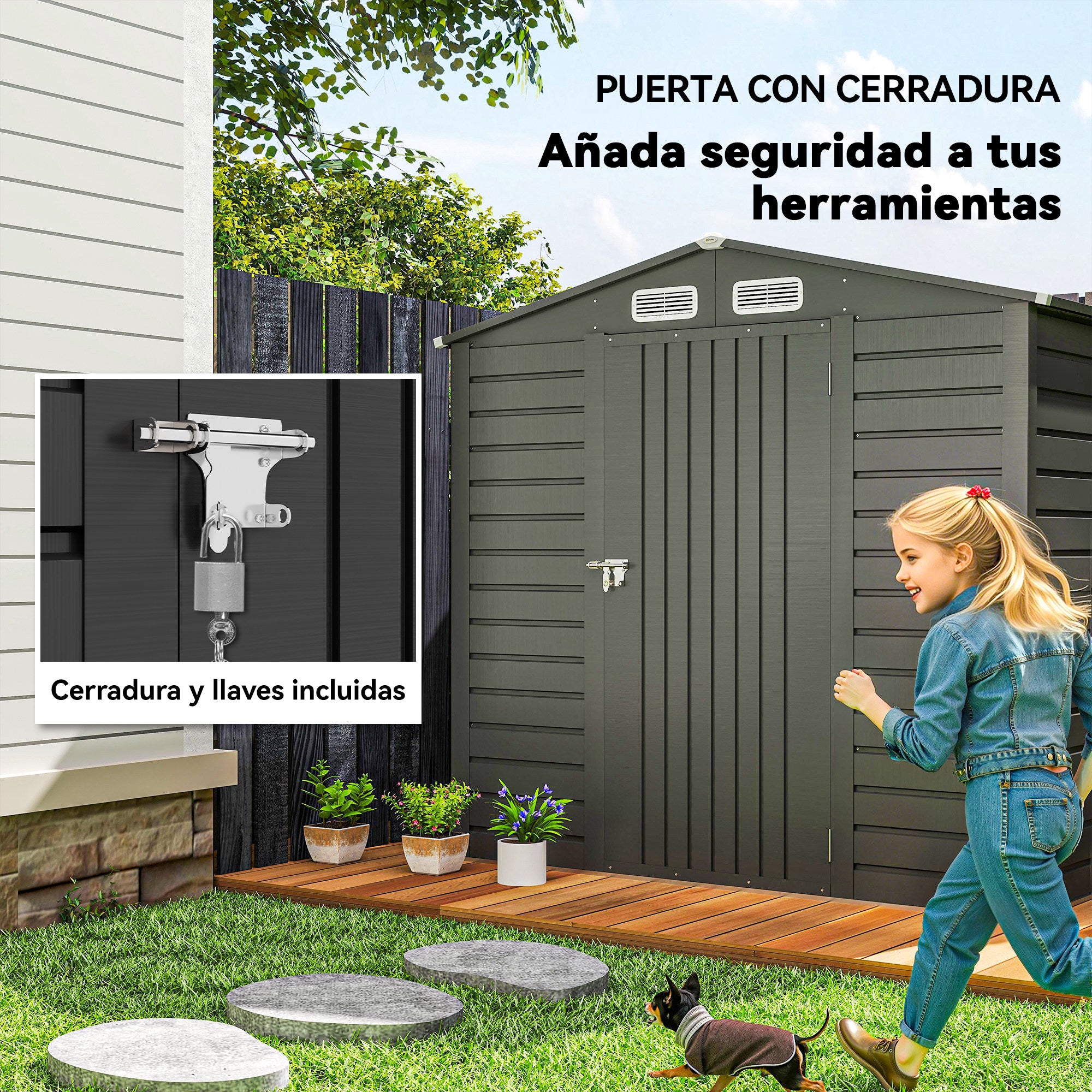 Outsunny Caseta de Jardín Exterior, 2,27 m² 190x131x188 cm, Cobertizo de Jardín Exterior Metálico con 2 Ventilaciones, Puerta con Cerradura, para Almacenamiento de Herramientas, Gris