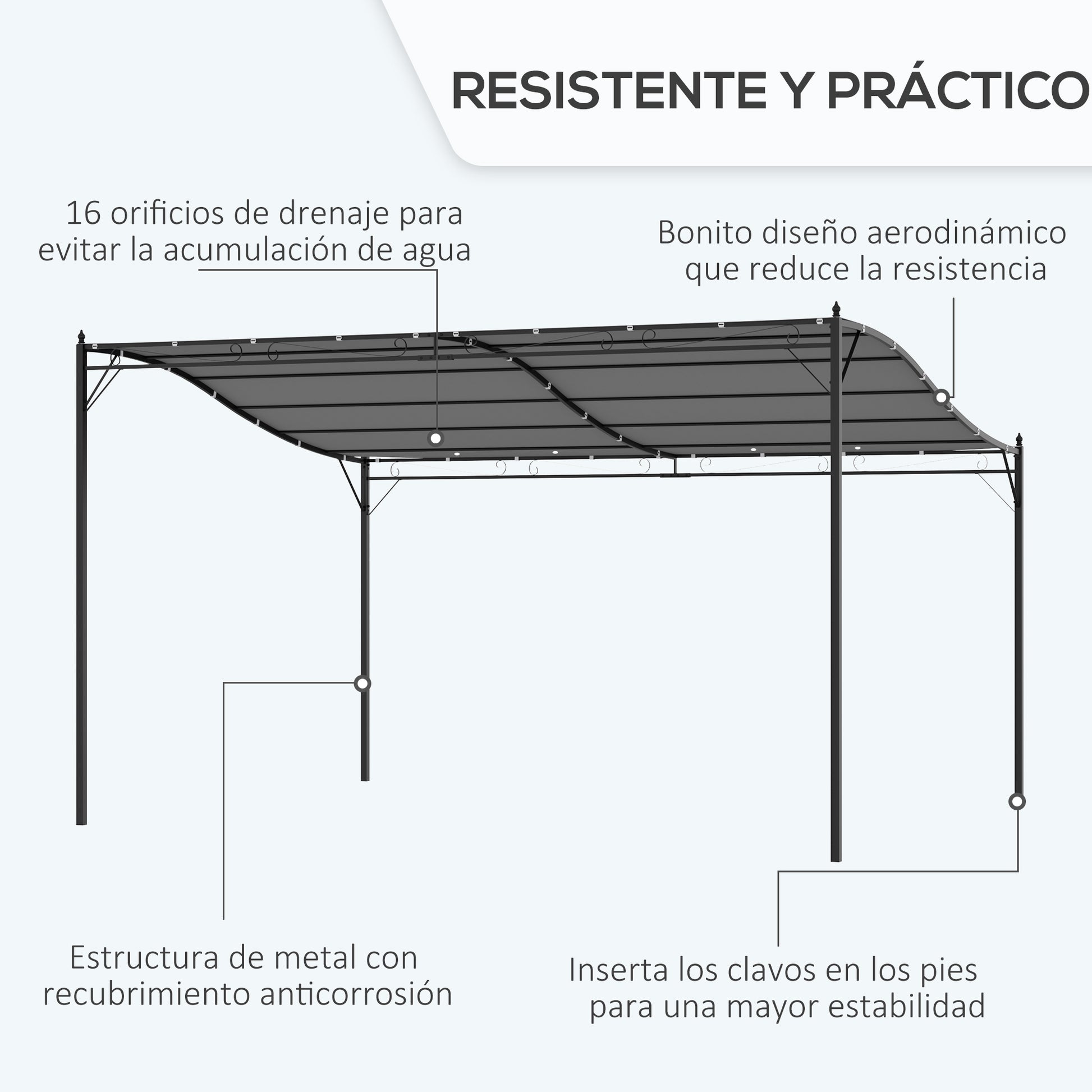 Outsunny Cenador de Jardín 4x3 m Pérgola Montado en Pared con Toldo y 16 Orificios de Drenaje Marco de Metal y Poliéster 180 g/m² para Patio Terraza Gris
