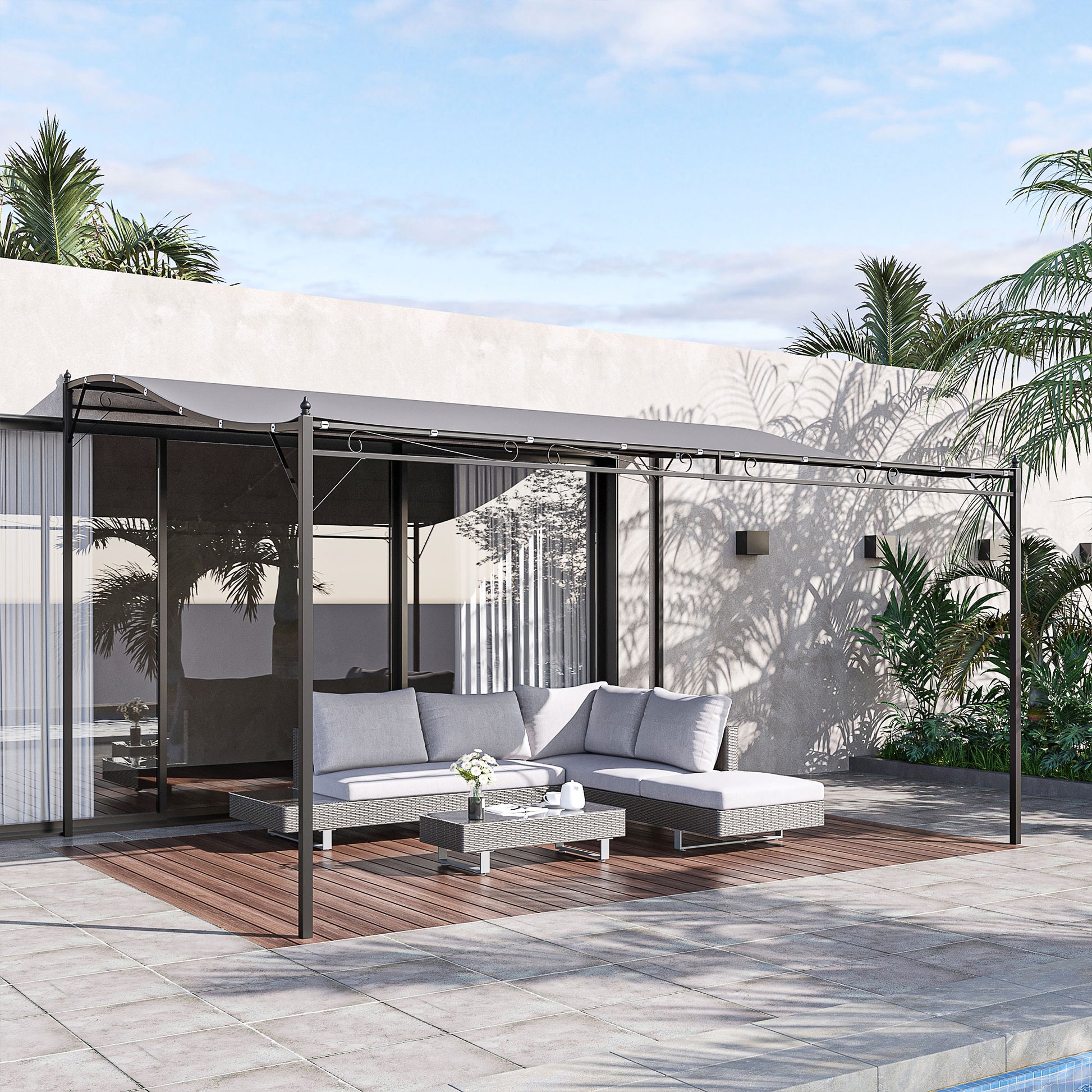 Outsunny Cenador de Jardín 4x3 m Pérgola Montado en Pared con Toldo y 16 Orificios de Drenaje Marco de Metal y Poliéster 180 g/m² para Patio Terraza Gris