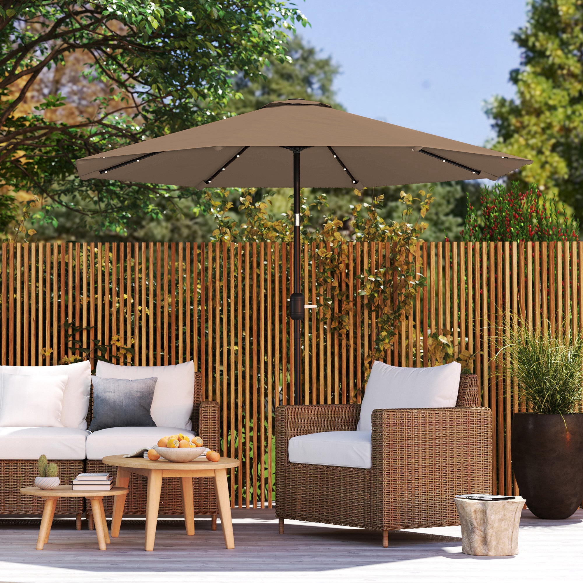 Outsunny Sombrilla Terraza Exterior, Ø265 cm, Sombrilla de Jardín con 32 Luces LED Solares, Poste de Acero y Manivela de Parasol Inclinable, para Patio, Terraza, Caqui