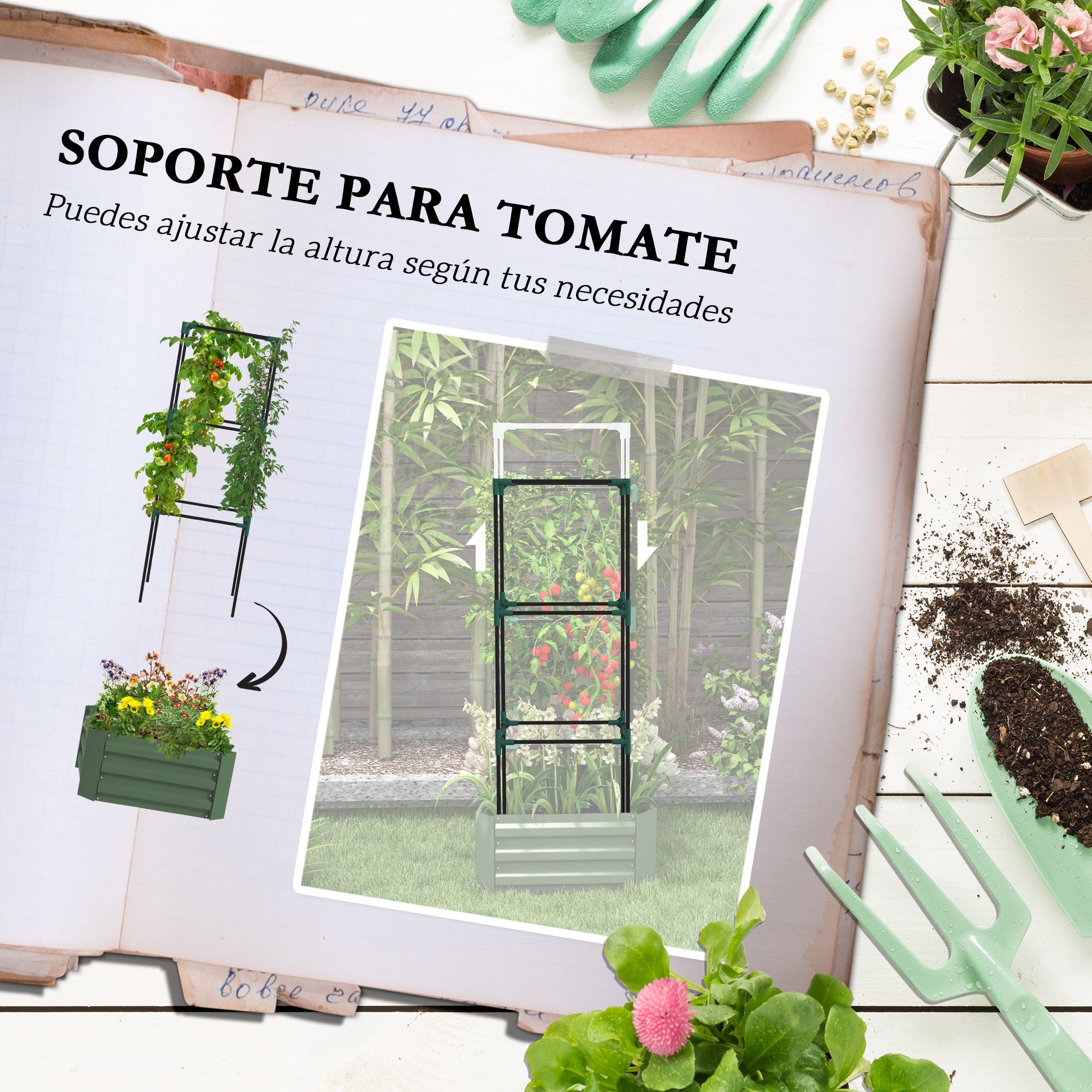 Outsunny Jardinera Exterior Grande de Acero Galvanizado Jardinera de Exterior con Celosía para Plantas Trepadoras y Fondo Abierto para Patio Terraza Balcón 61x61x140 cm Verde