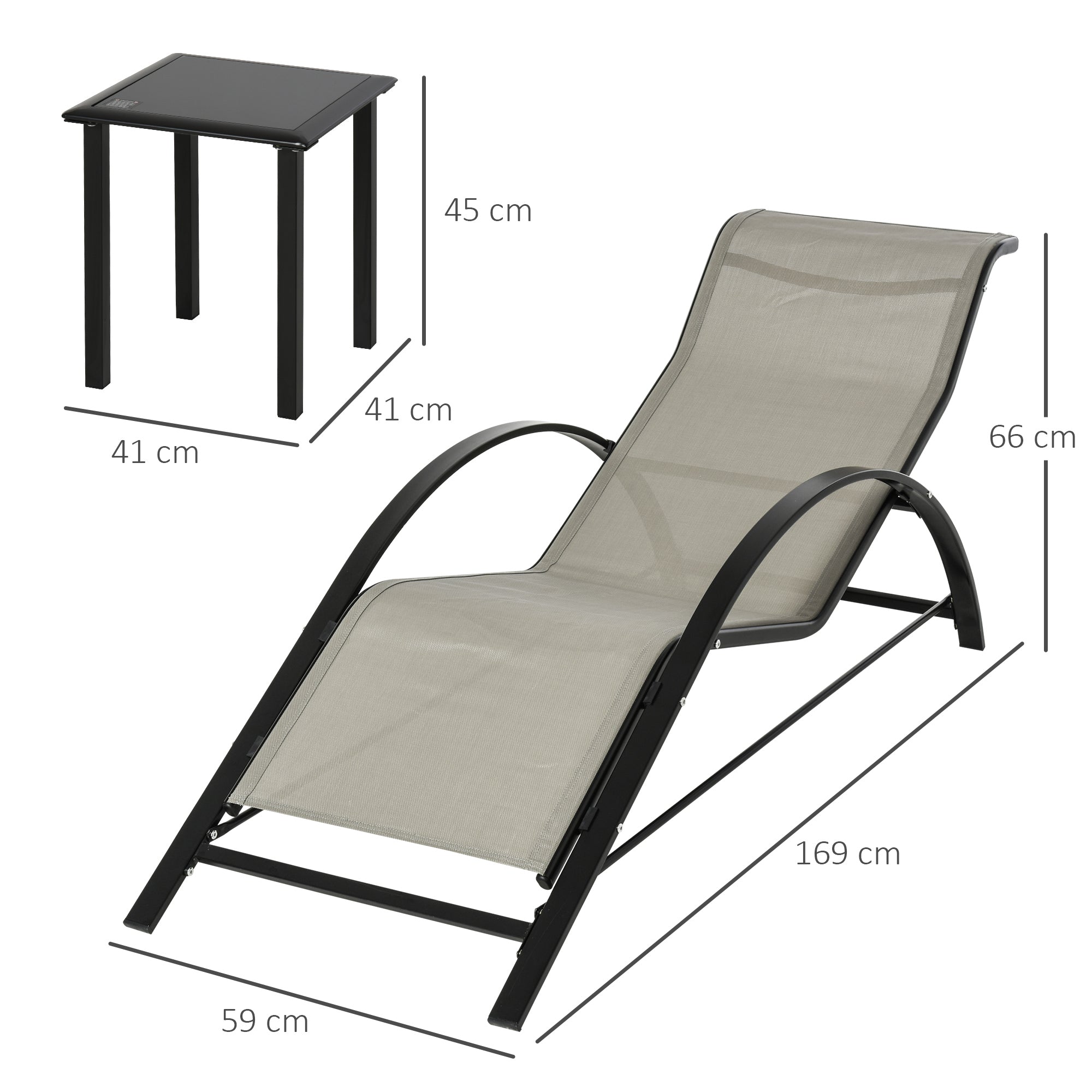 Outsunny Set de 2 Tumbonas Jardín Exterior con Mesa Auxiliar de Vidrio Templado Tumbonas con Respaldo Reposabrazos para Patio Piscina Terraza Exterior Gris