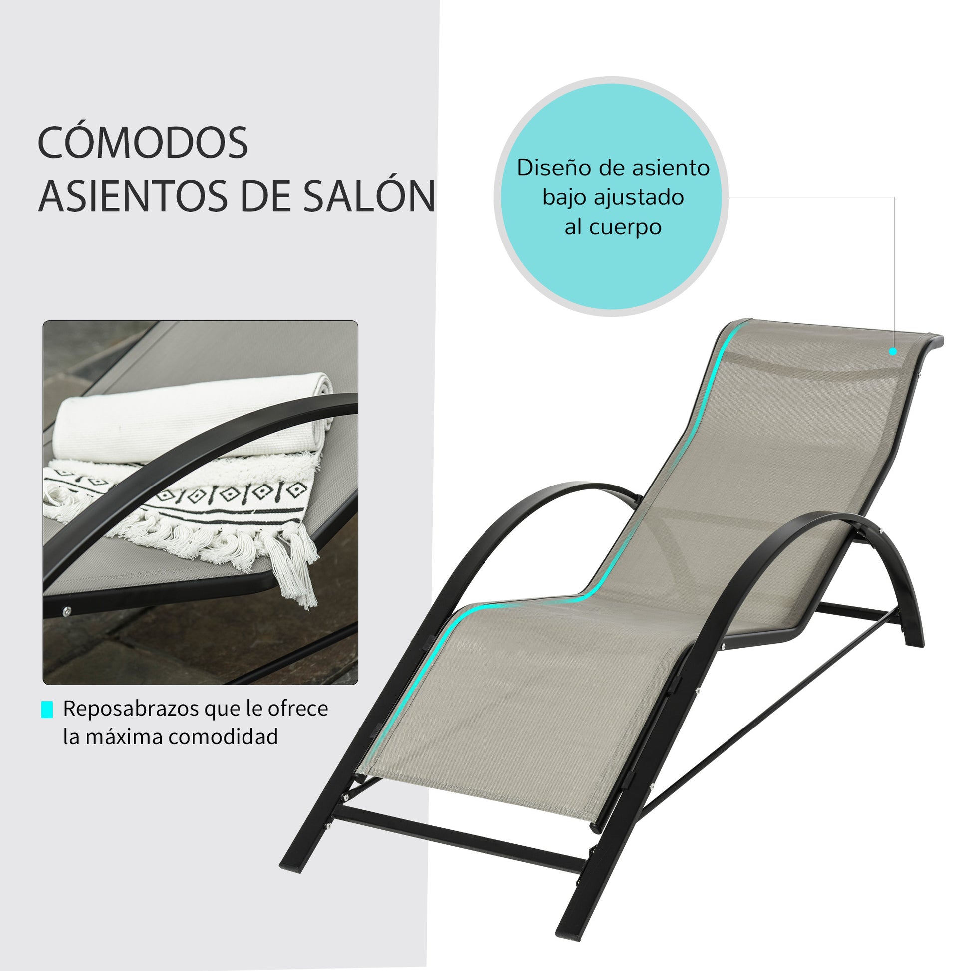 Outsunny Set de 2 Tumbonas Jardín Exterior con Mesa Auxiliar de Vidrio Templado Tumbonas con Respaldo Reposabrazos para Patio Piscina Terraza Exterior Gris