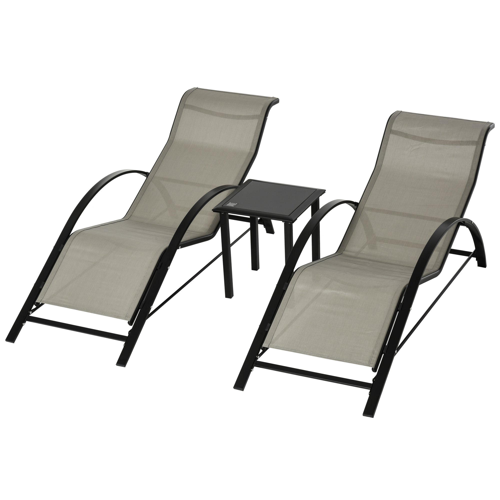 Outsunny Set de 2 Tumbonas Jardín Exterior con Mesa Auxiliar de Vidrio Templado Tumbonas con Respaldo Reposabrazos para Patio Piscina Terraza Exterior Gris
