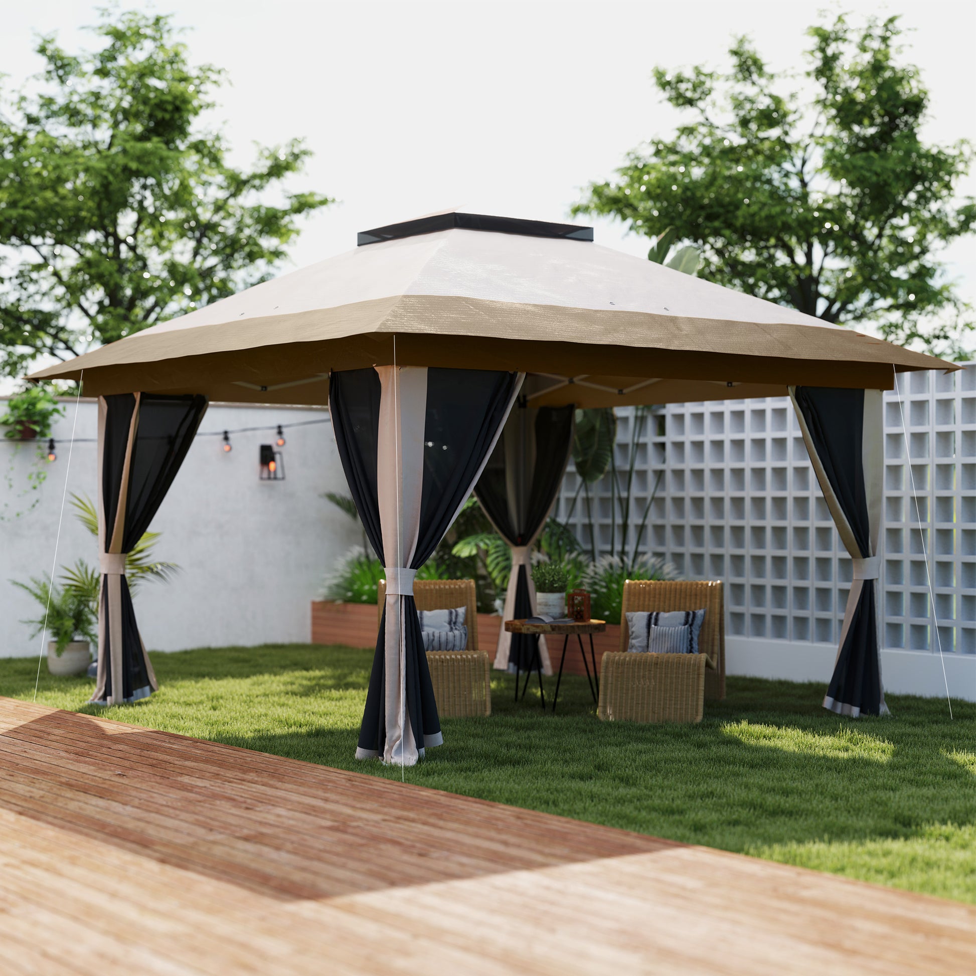 Outsunny Carpa Plegable Gazebo, 3,6x3,6 m, Cenador Plegable con 4 Paredes Laterales de Malla, Anti-UV, Altura Ajustable, Bolsa de Arena y Bolsa de Transporte, para Camping, Fiestas, Beige