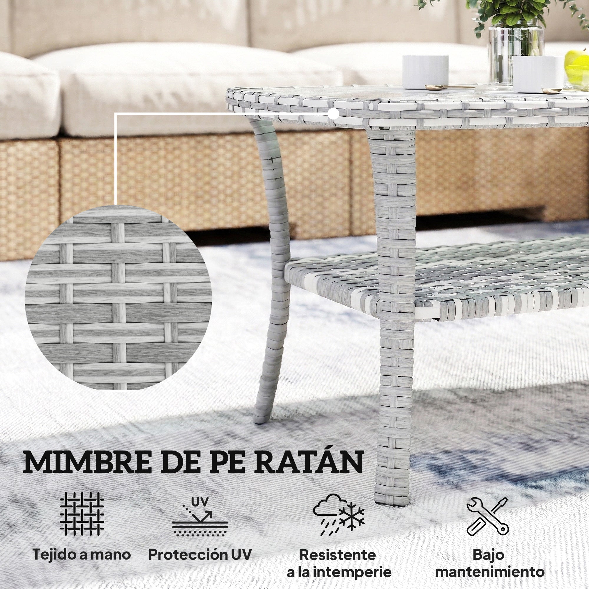Outsunny Mesa de Jardín Exterior de Ratán con Estante, Mesita Auxiliar de Jardín Rectangular, Tablero de Vidrio Templado con Ondas, Estructura de Acero, para Terraza, Patio, 90x50x45 cm, Gris Oscuro
