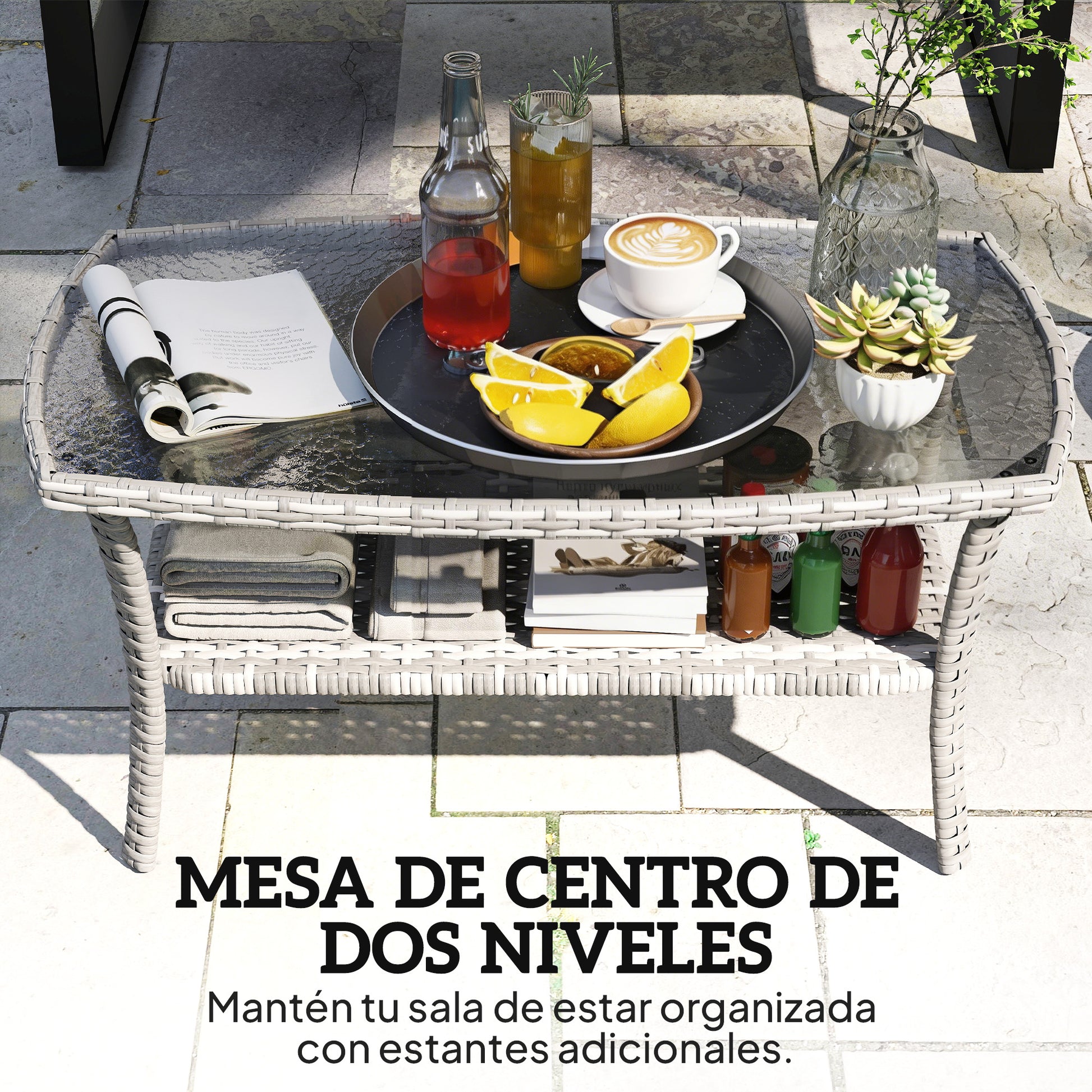 Outsunny Mesa de Jardín Exterior de Ratán con Estante, Mesita Auxiliar de Jardín Rectangular, Tablero de Vidrio Templado con Ondas, Estructura de Acero, para Terraza, Patio, 90x50x45 cm, Gris Oscuro