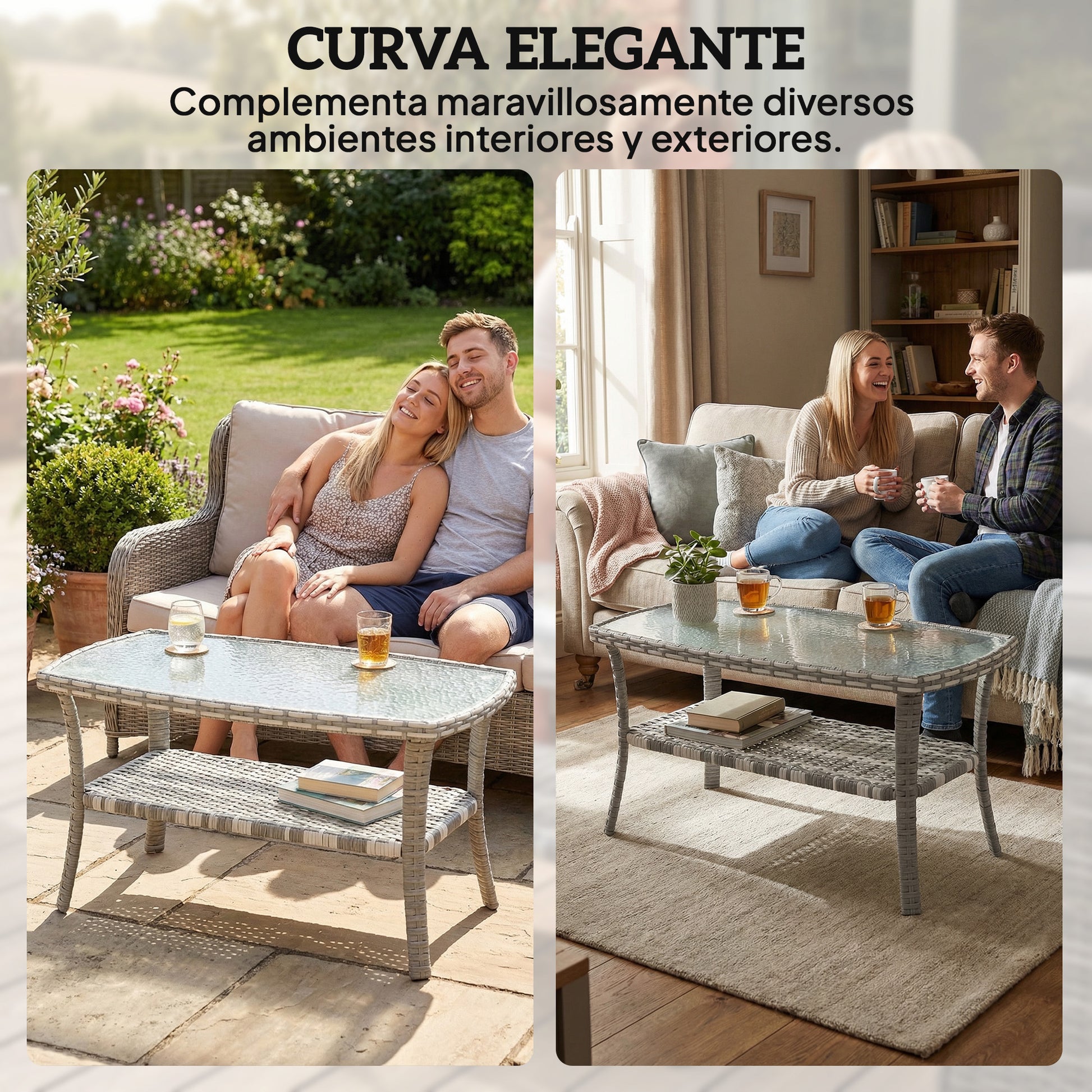 Outsunny Mesa de Jardín Exterior de Ratán con Estante, Mesita Auxiliar de Jardín Rectangular, Tablero de Vidrio Templado con Ondas, Estructura de Acero, para Terraza, Patio, 90x50x45 cm, Gris Oscuro